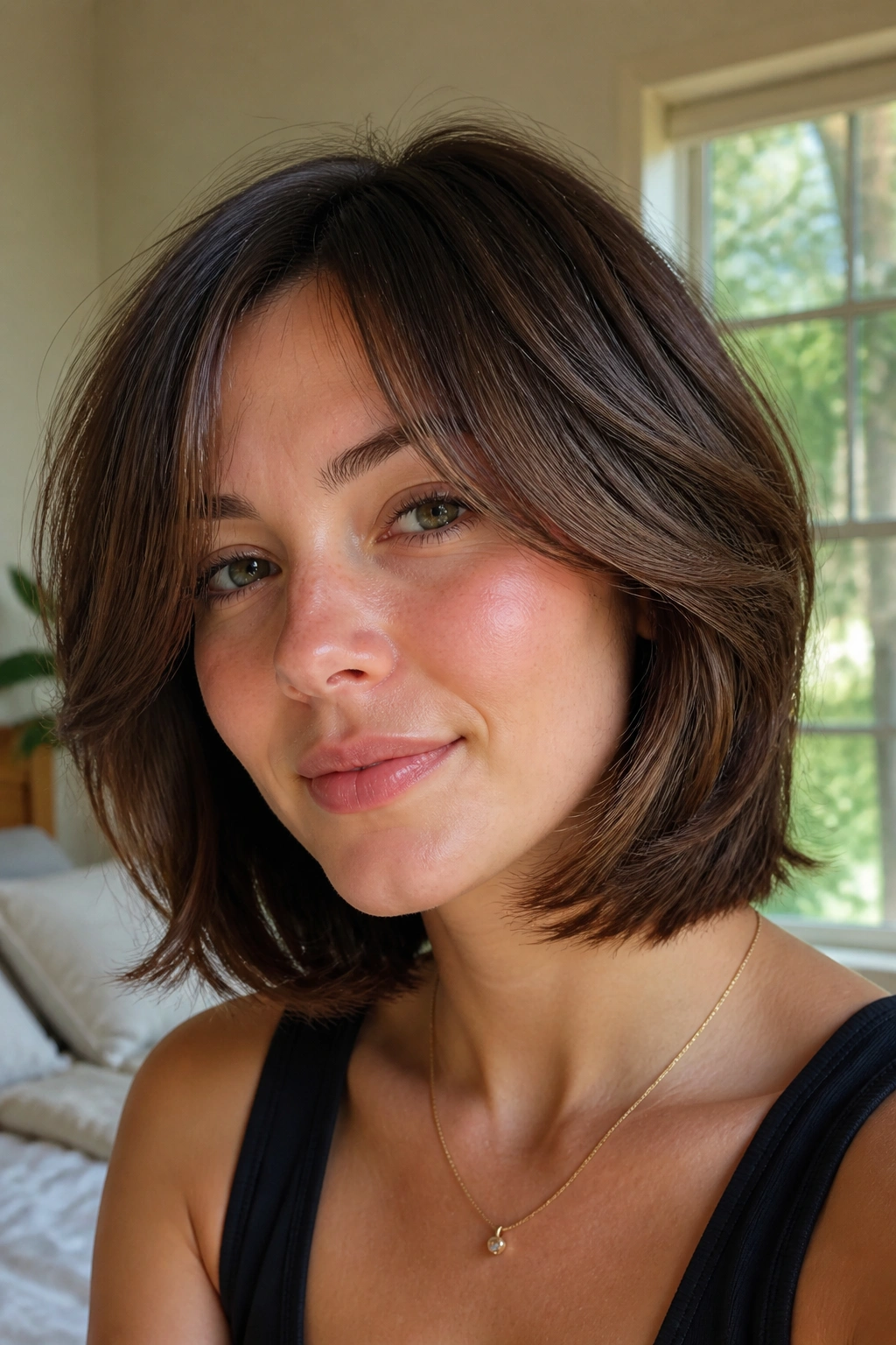 Close-up of a real woman with a feathered bob, highlighting soft mid-length feathering.