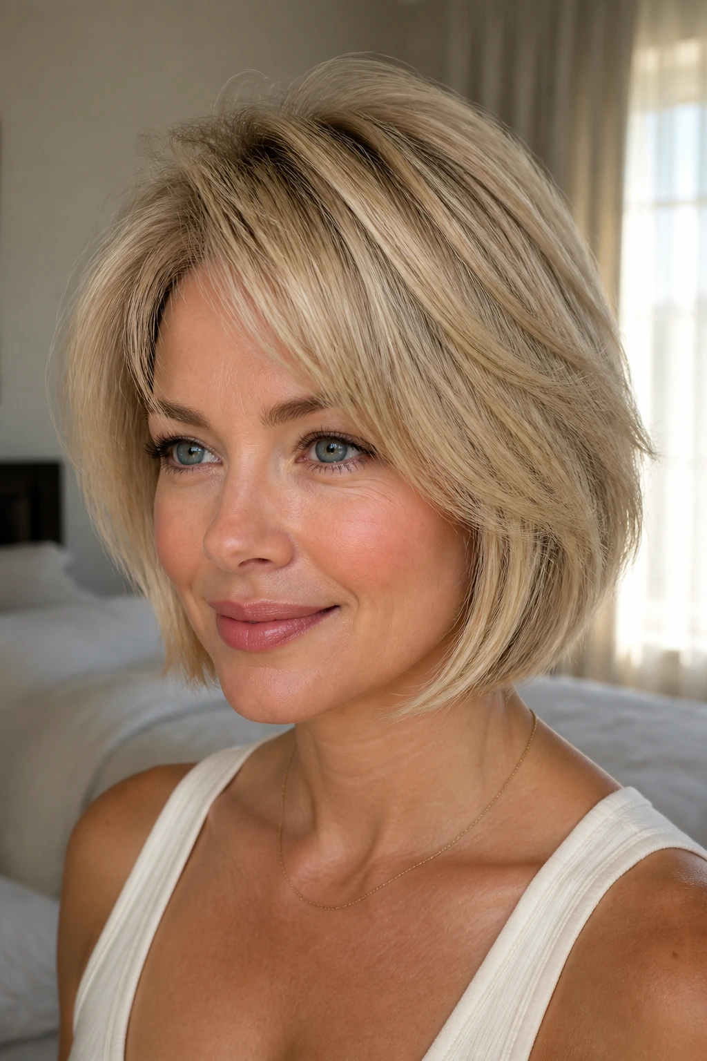 Woman with feathered bob and airy crown layers in pale golden blonde