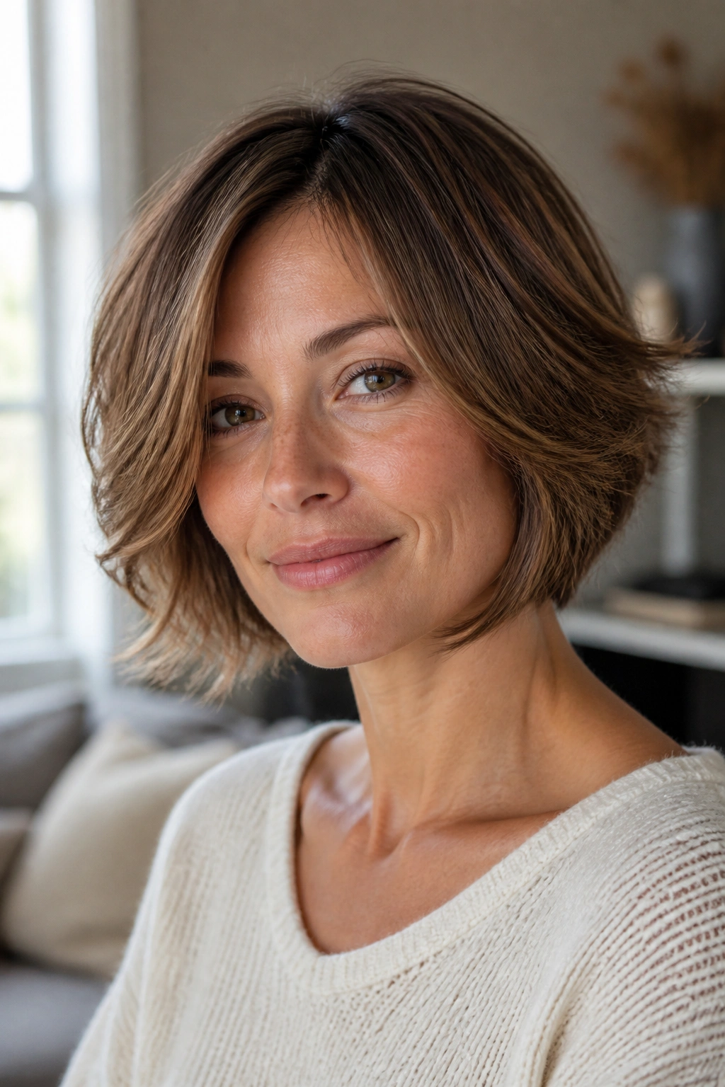Close-up portrait of a real woman with a feathered bob and airy ends, natural window light.