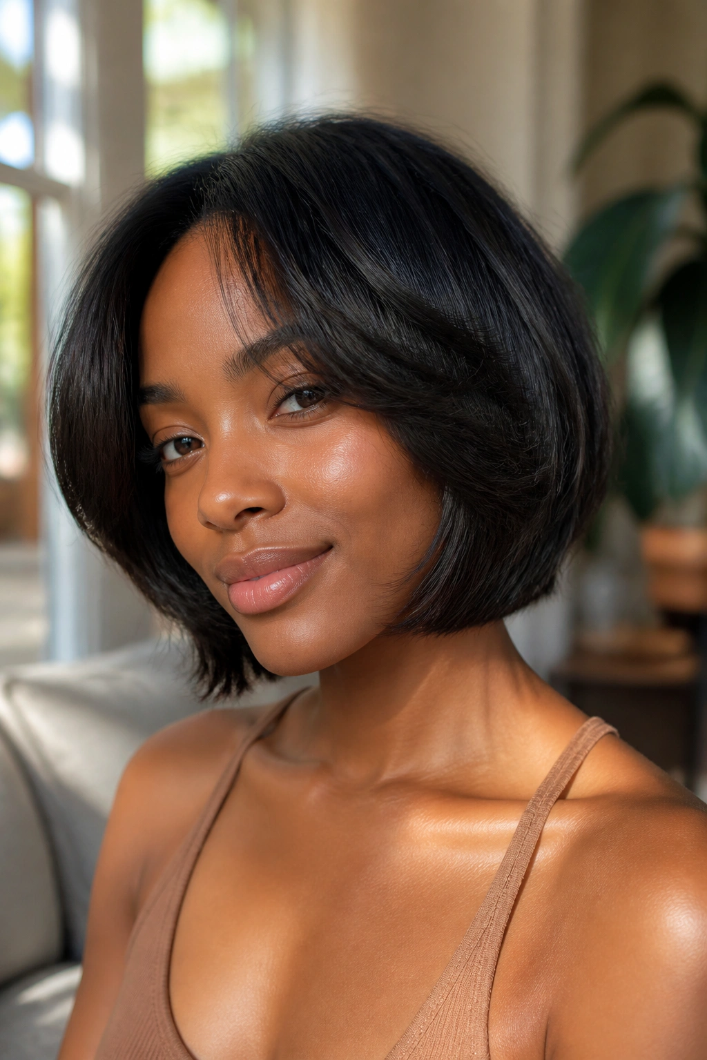 Portrait of a real woman with a feathered bob and airy ends.