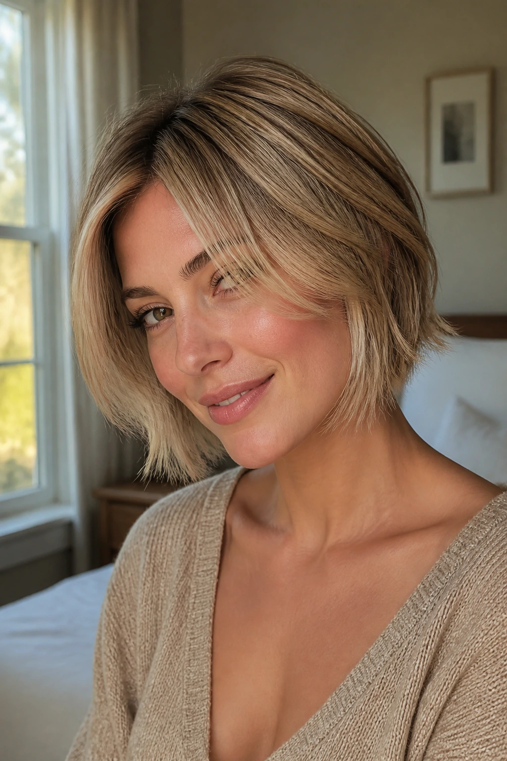Close-up portrait of a real woman with a feathered bob and airy ends, lit by warm daylight in a bedroom.