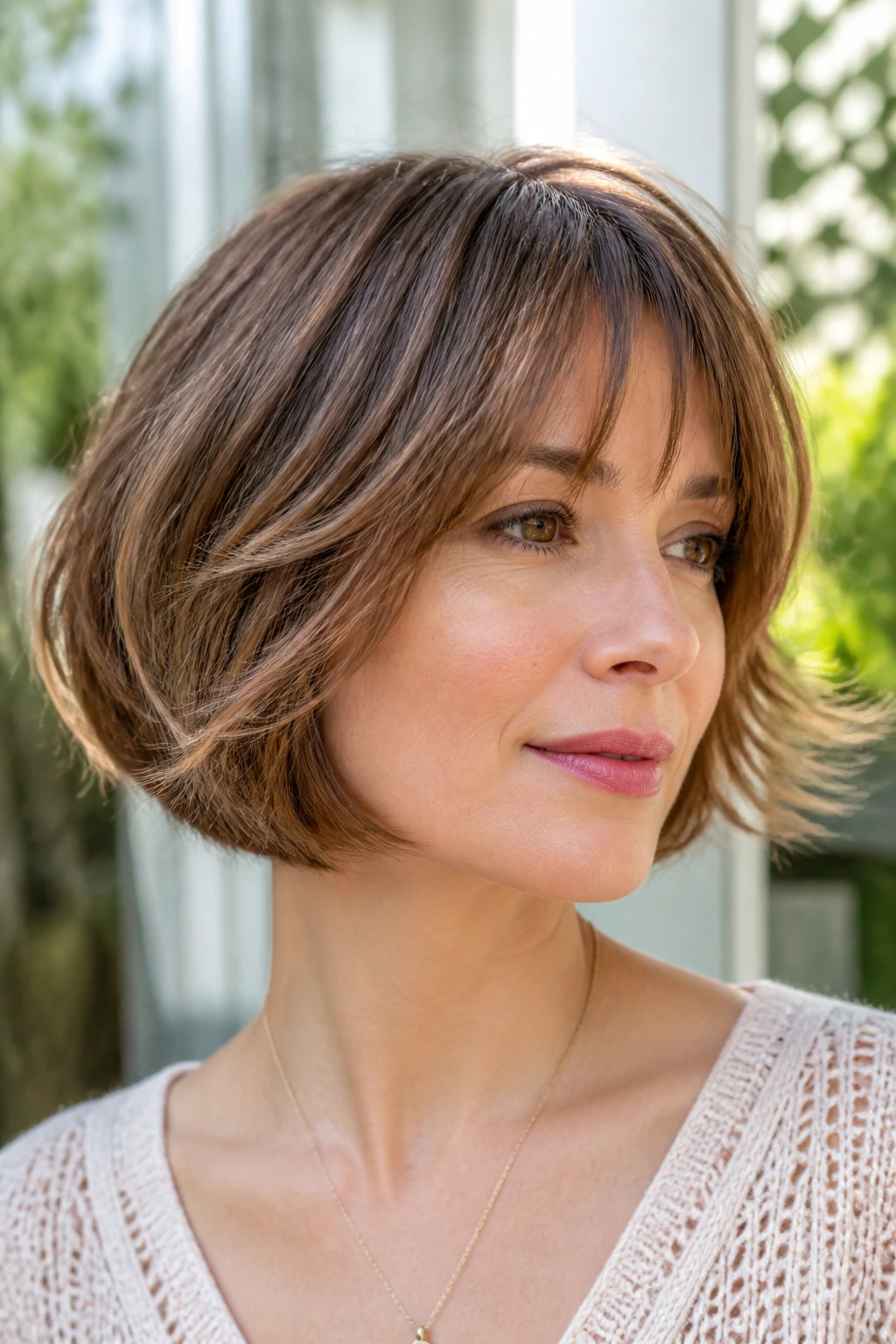 Close-up portrait of a woman with a feathered bob showing airy movement.