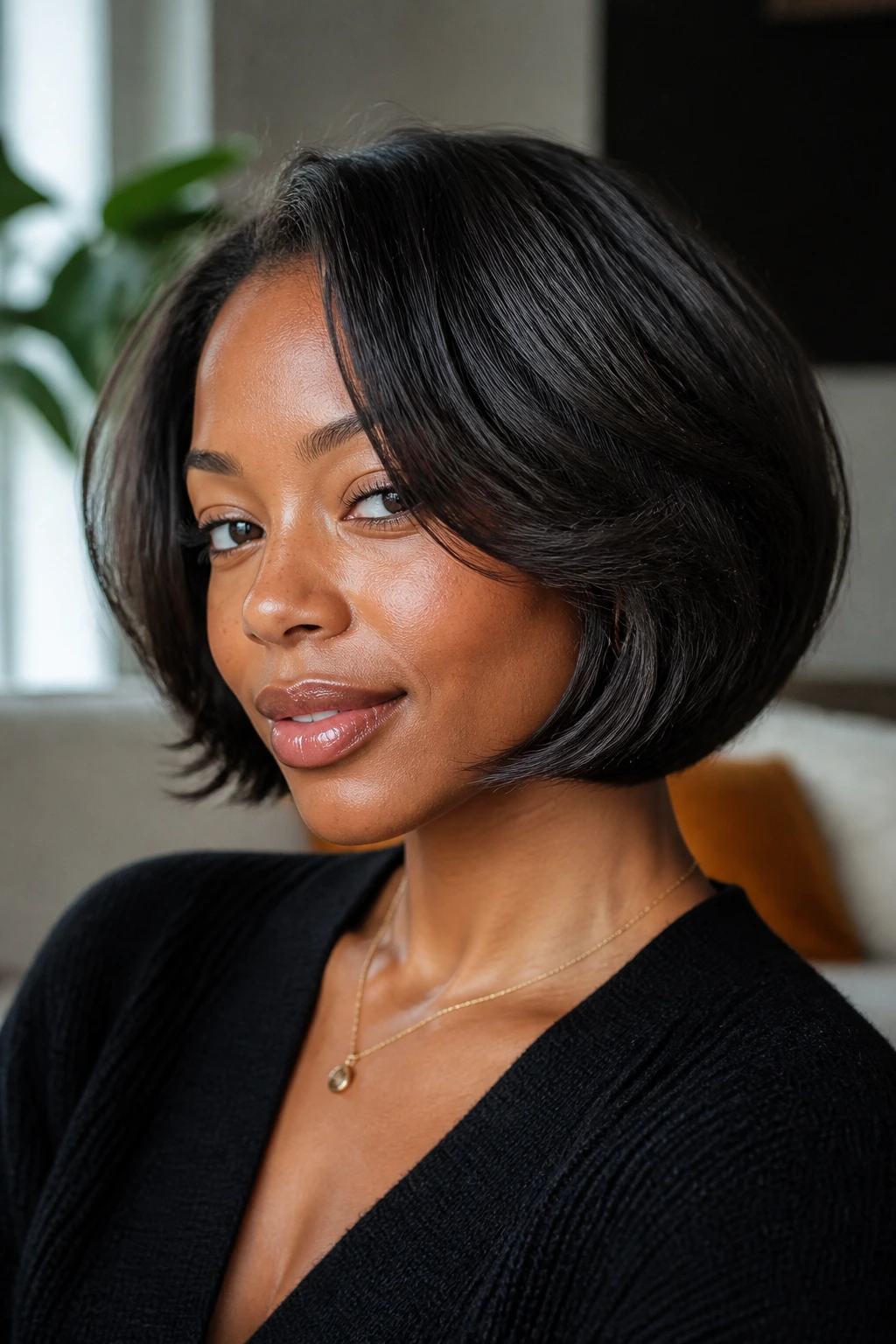Close-up portrait of a real Black woman with a feathered bob and soft movement, lit by natural window light.