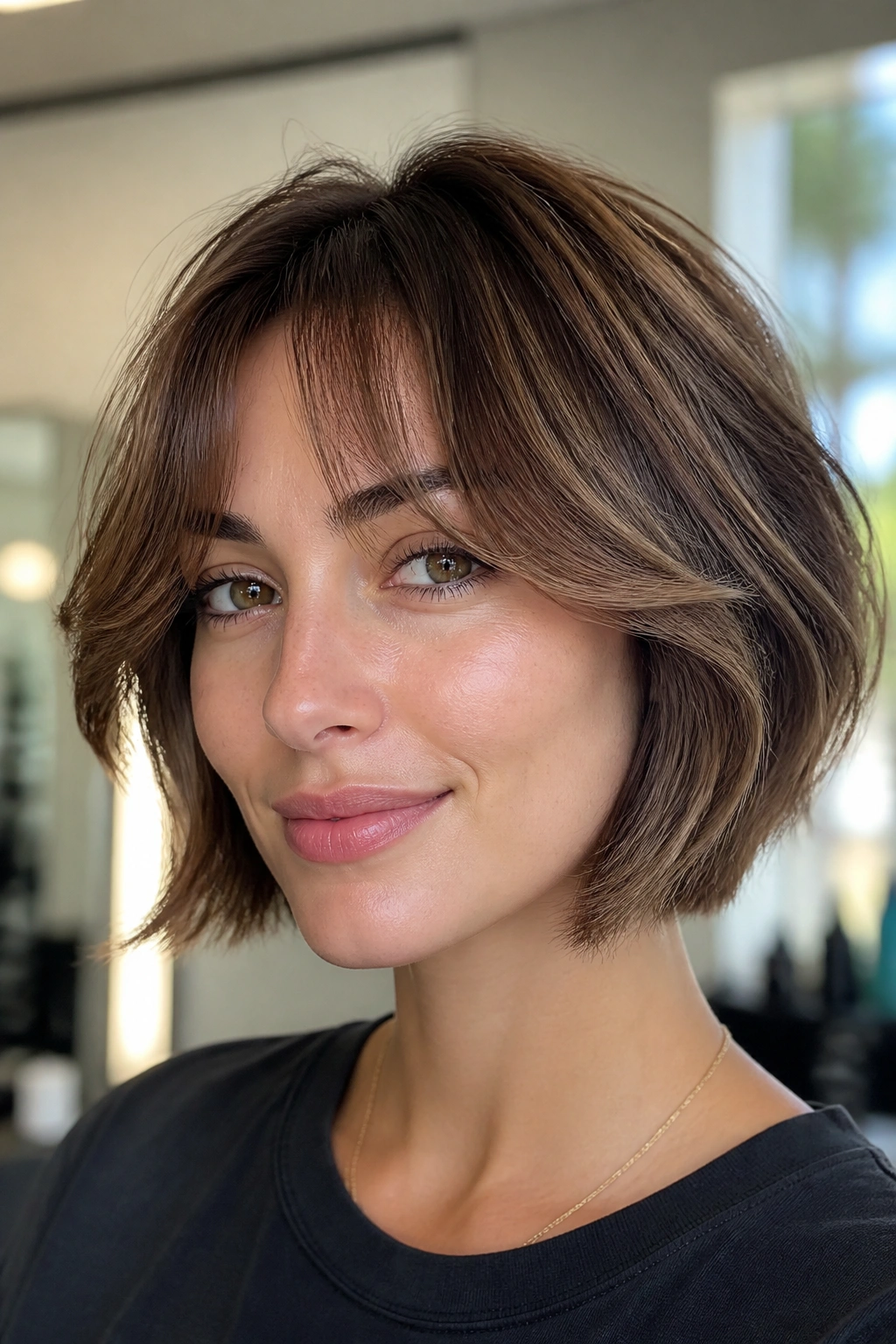 Close-up portrait of a real woman with bottleneck bangs and feathered bob