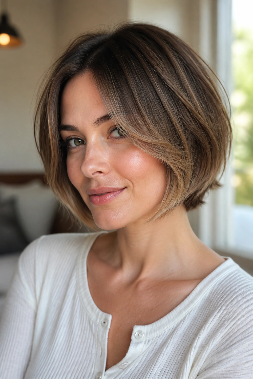 Close-up portrait of a real woman with light feathered bob framing the cheeks.