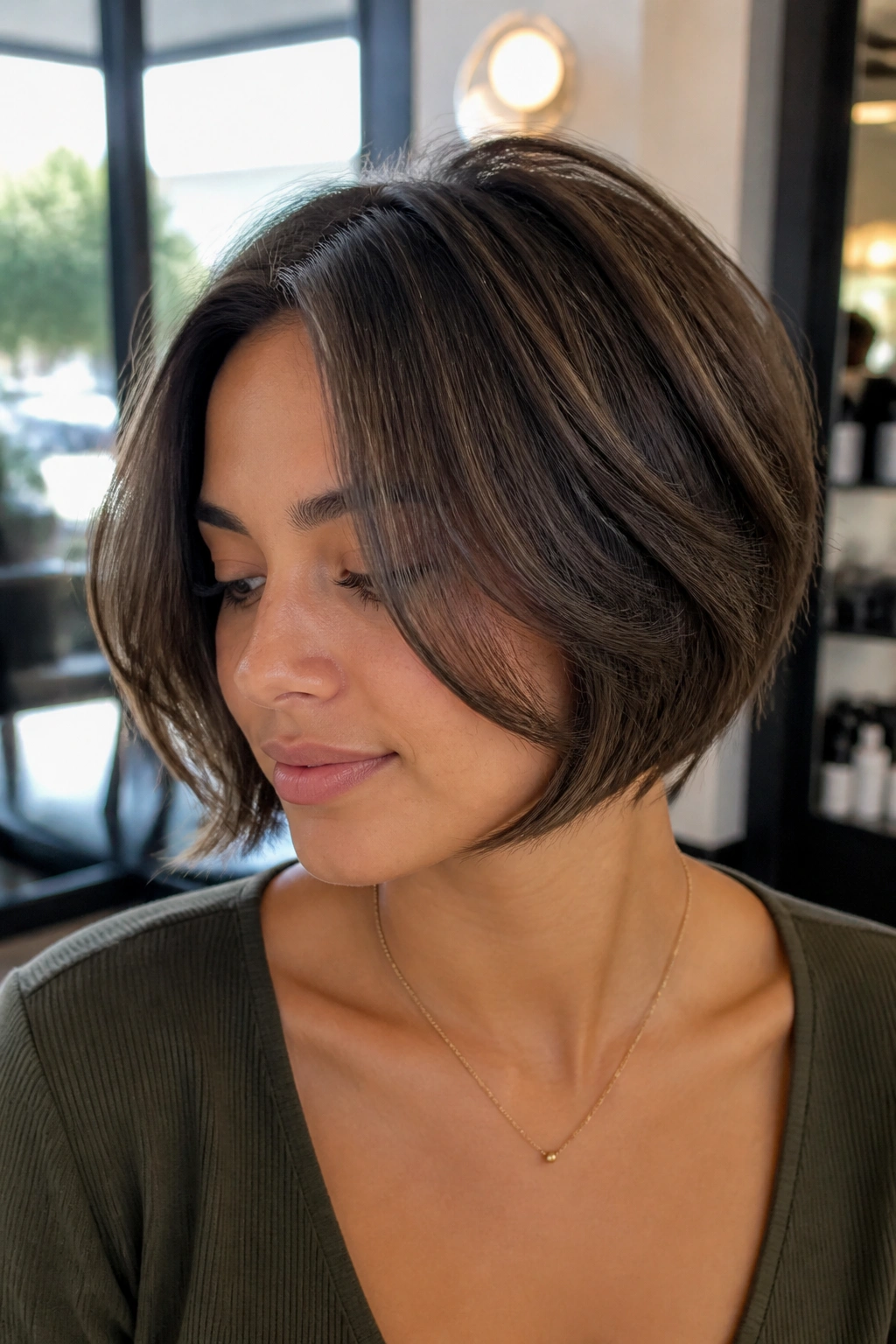 Close-up of a real woman with a chin-grazing feathered bob under warm salon light.