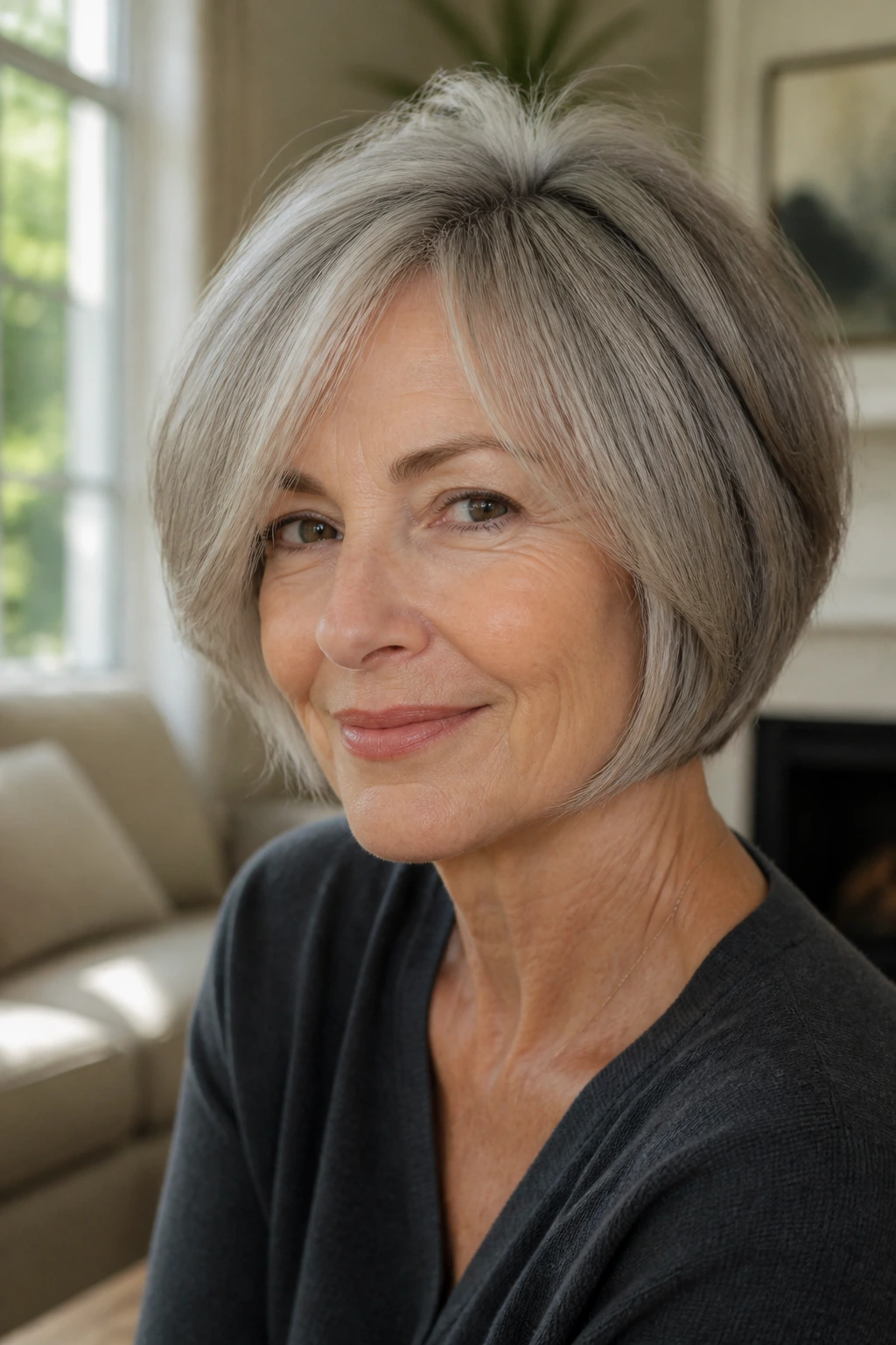 Close-up portrait of a real woman with a feathered bob and crown layers on grey hair