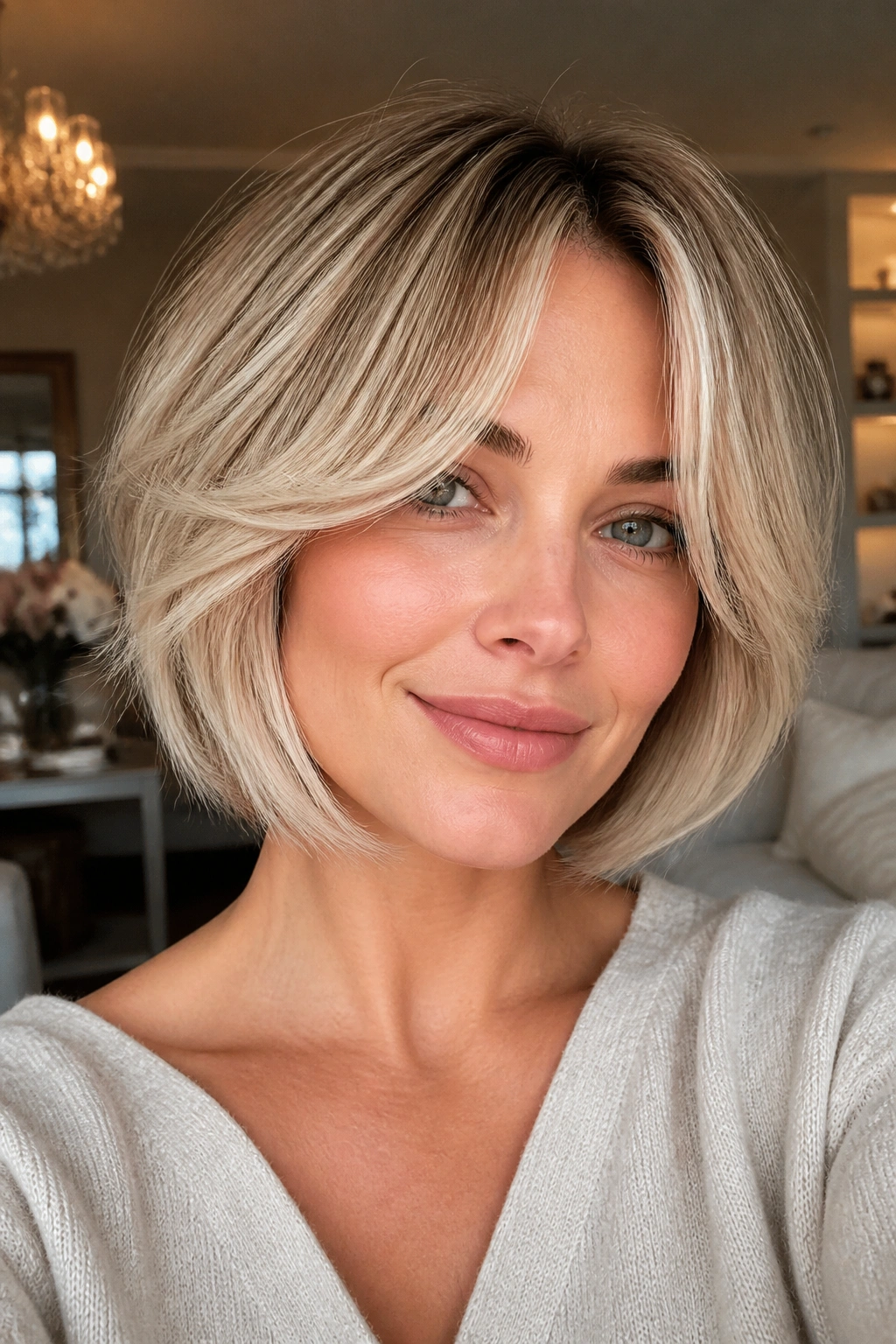 Real woman with feathered bob and curtain bangs in beige blonde