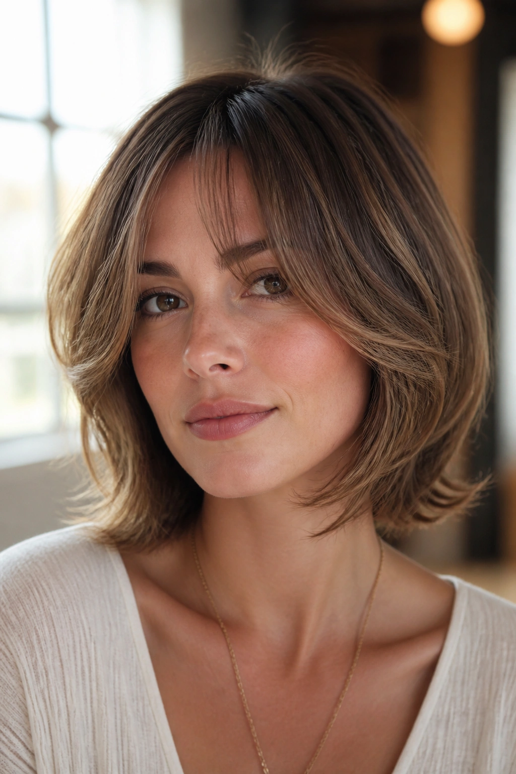 Close-up of a woman with curtain bangs feathered bob in window-lit studio