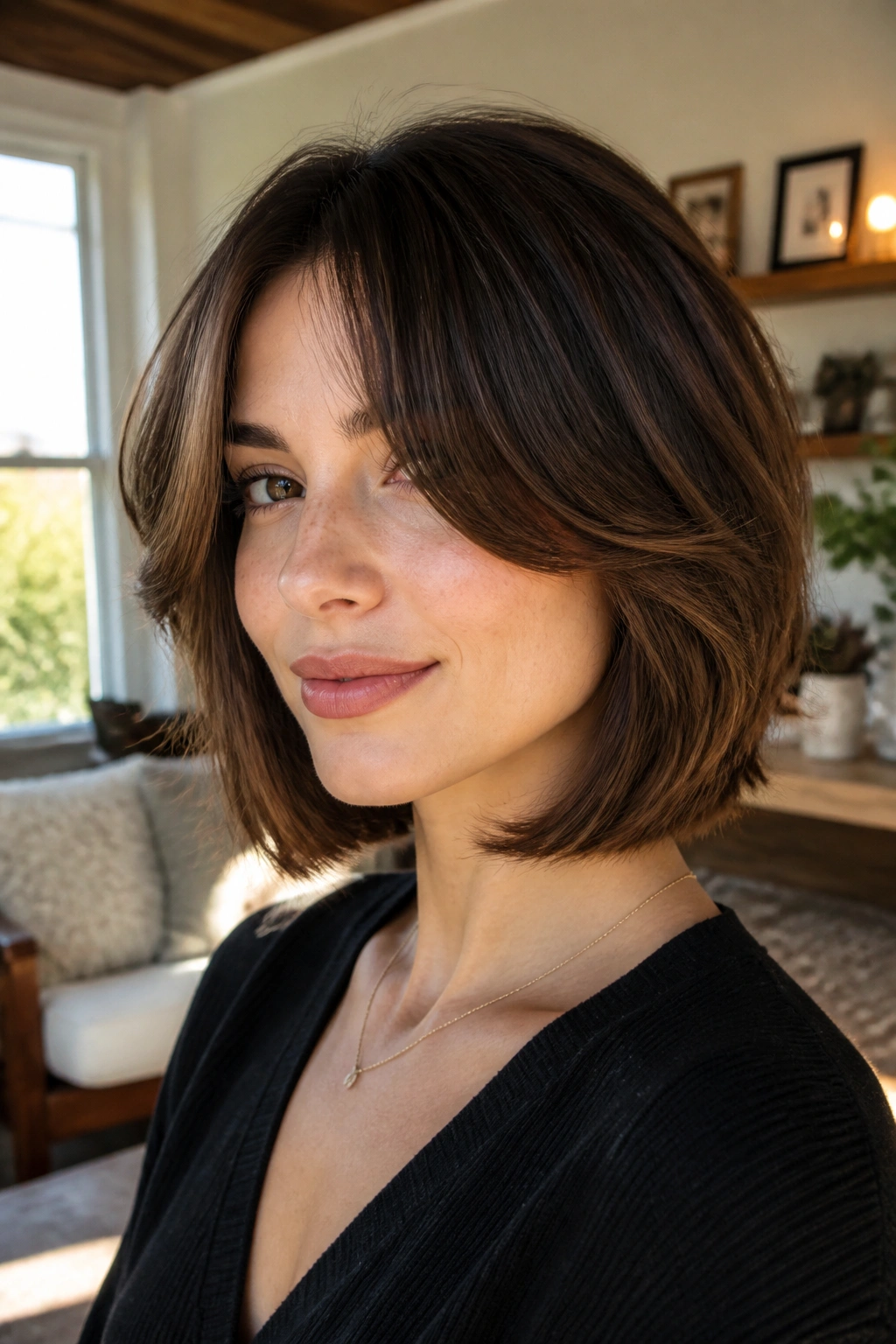 Portrait of woman with feathered bob and curtain bangs.