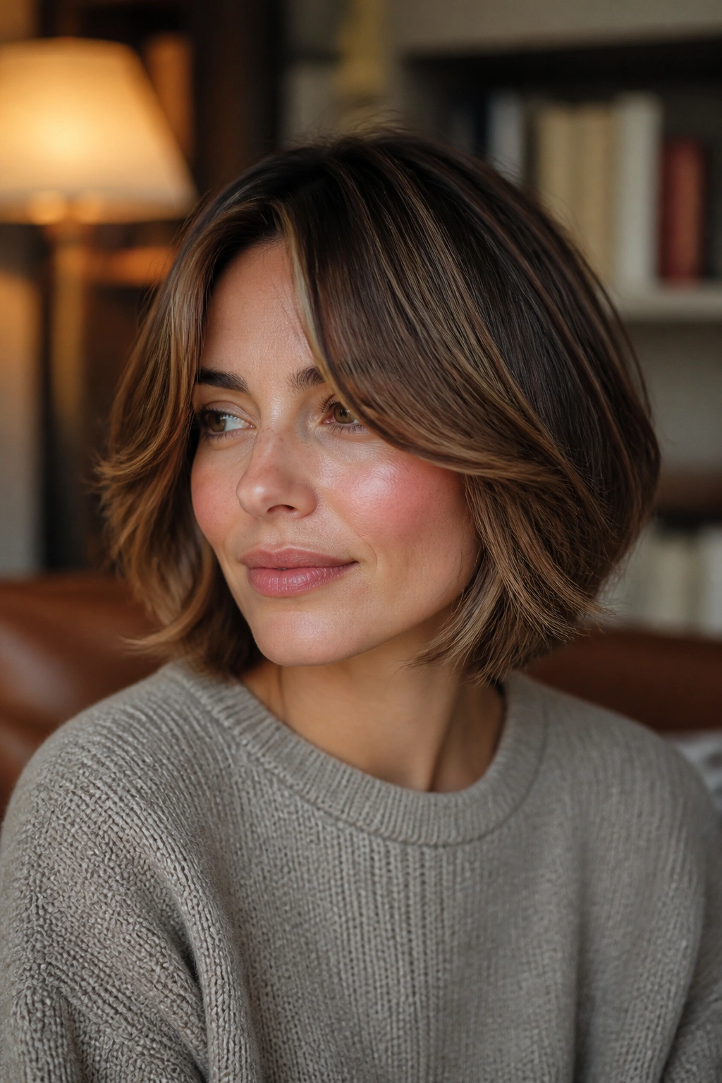 Close-up portrait of a woman with feathered bob and curtain bangs in a cozy nook