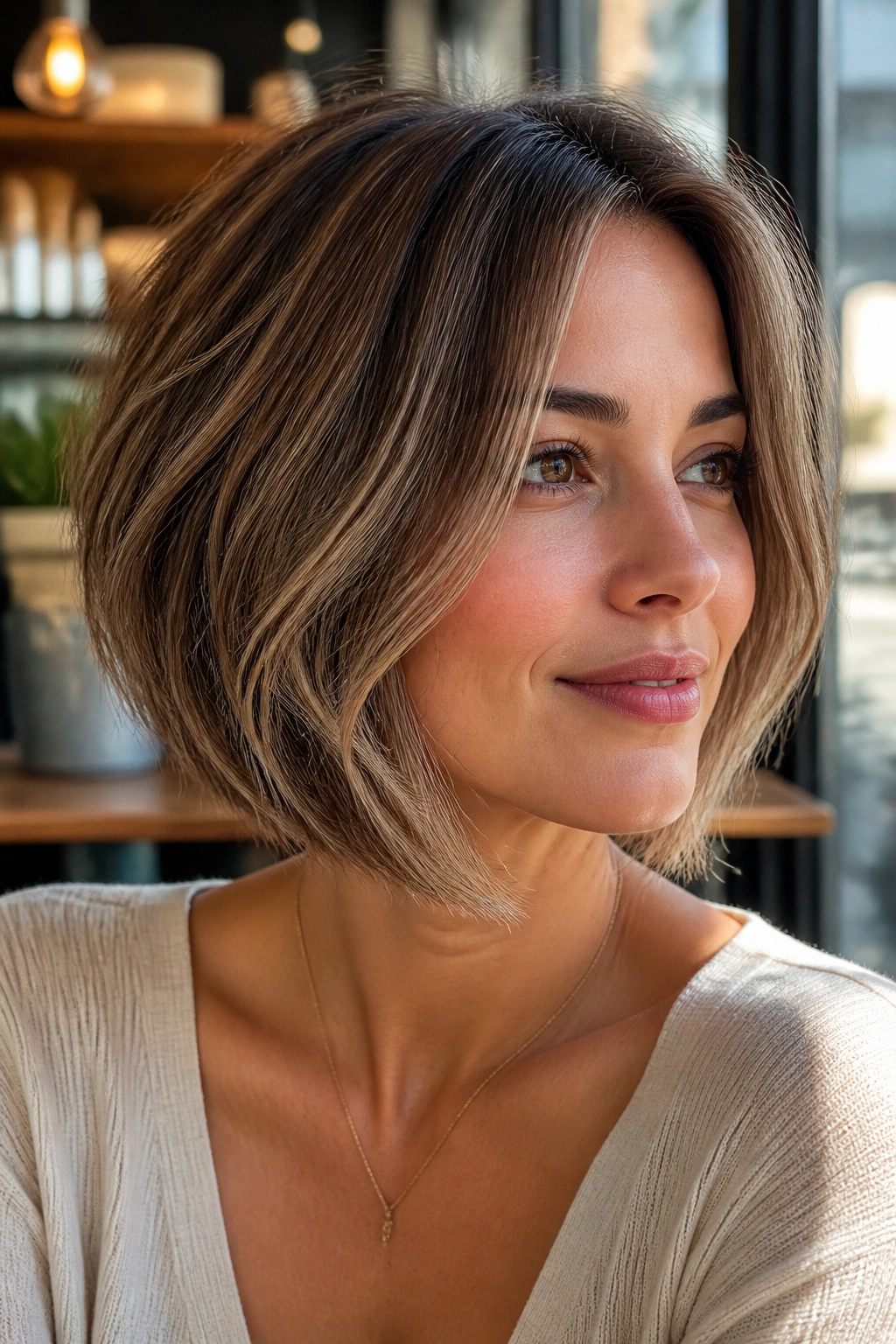 Close-up portrait of a real woman with a feathered bob and long face-framing pieces
