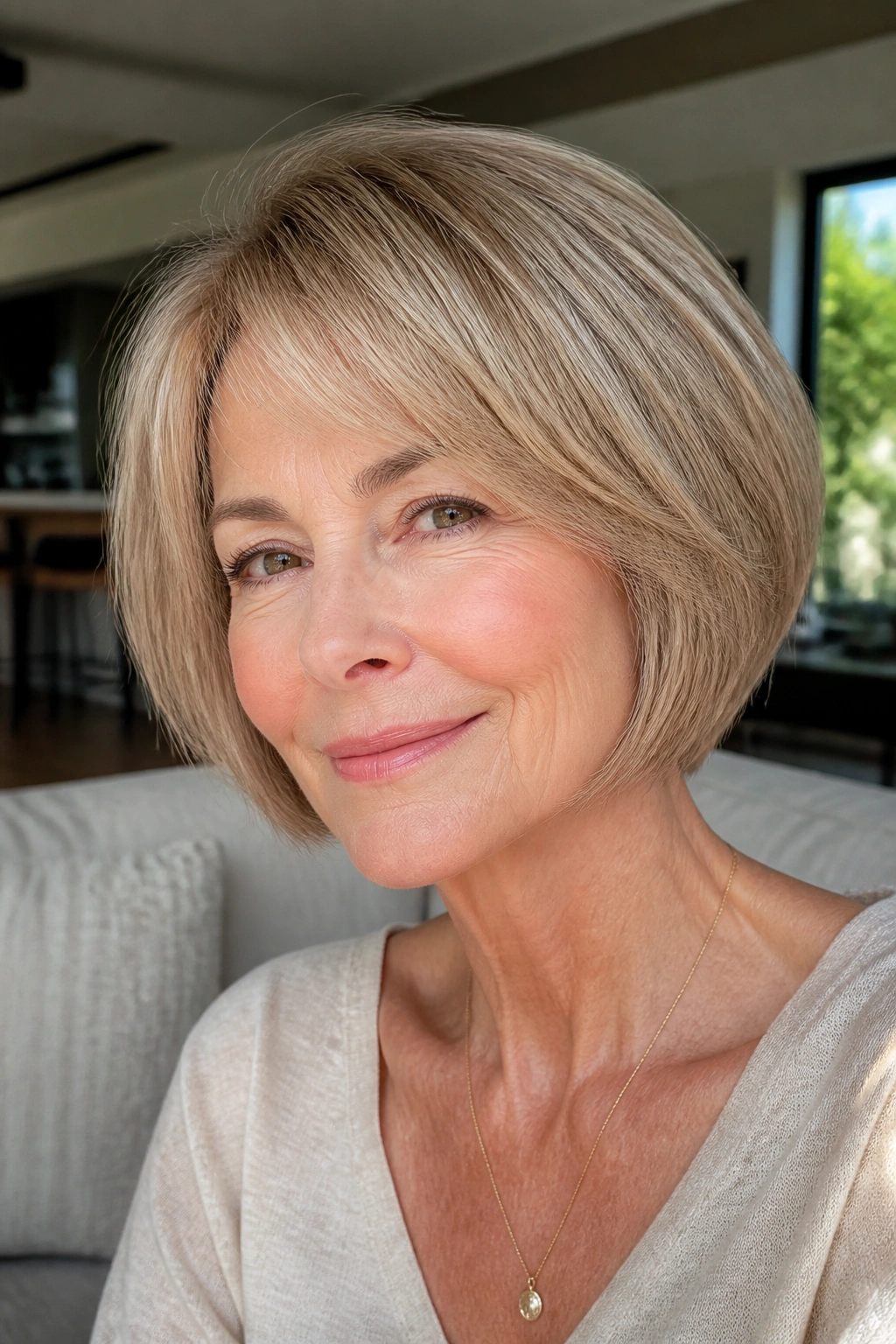 Real woman with feathered bob designed for very fine hair, strong perimeter