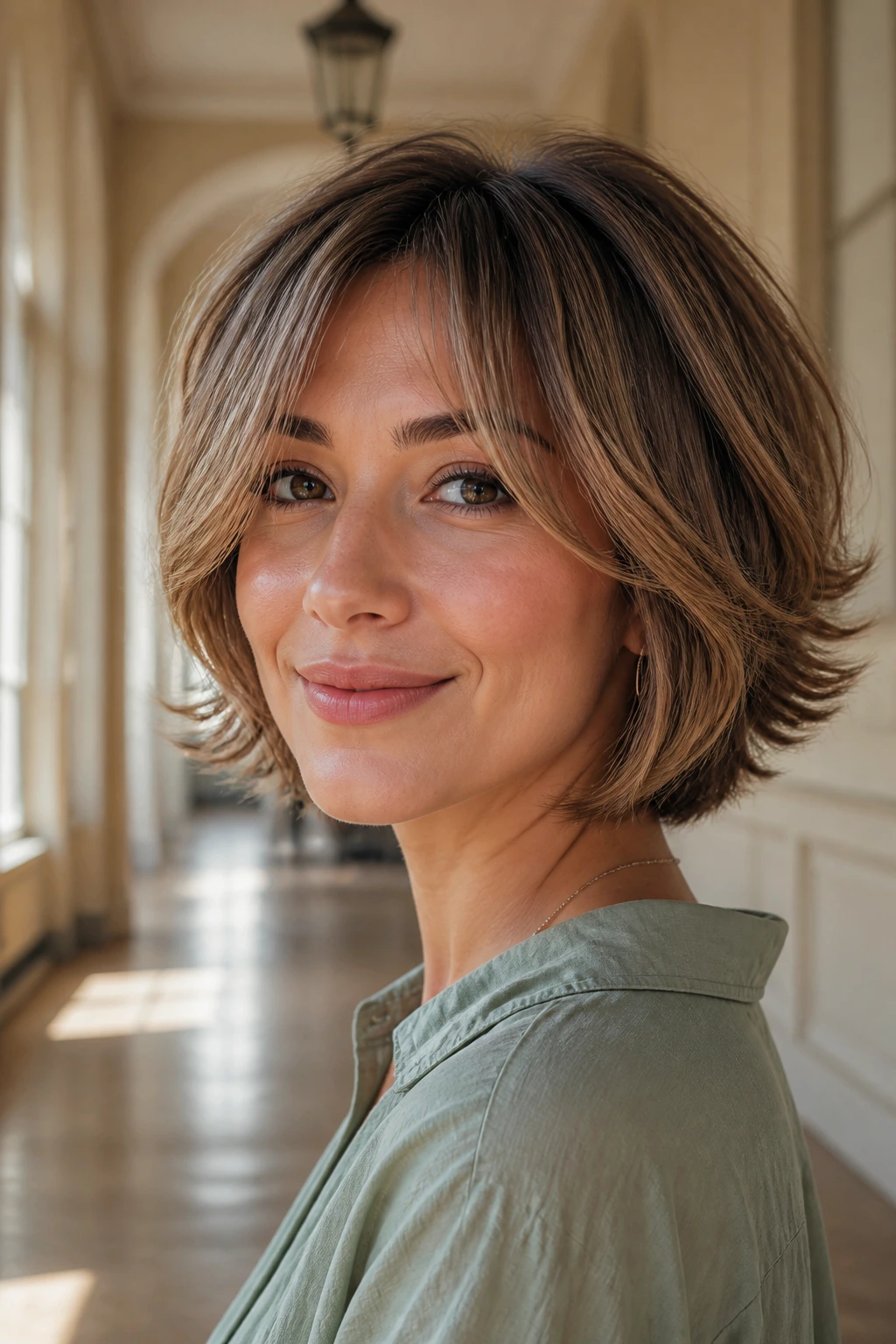 Close-up portrait of a real woman with feathered bob and flipped ends