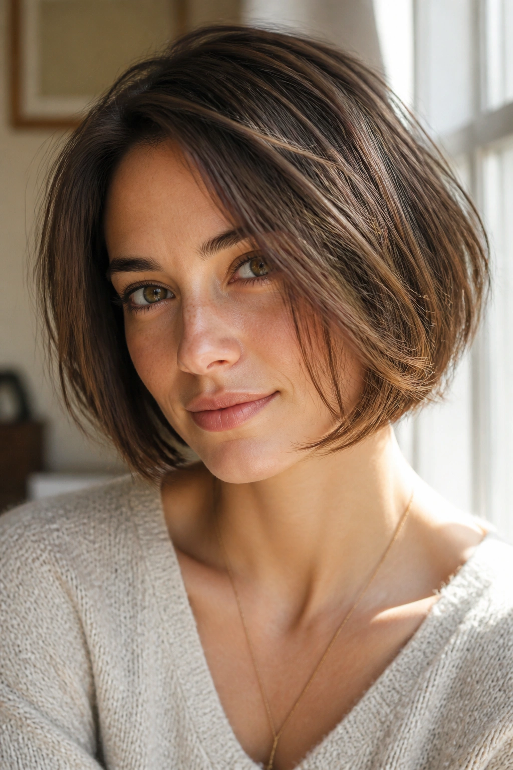 Close-up of a woman with a feathered bob under warm window light