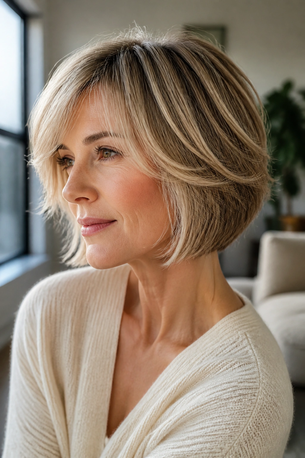 Real woman with a feathered bob showing soft lift around the face