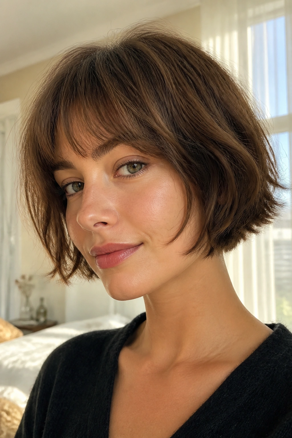 Close-up portrait of a real woman with a jaw-length French feathered bob, airy ends and soft fringe