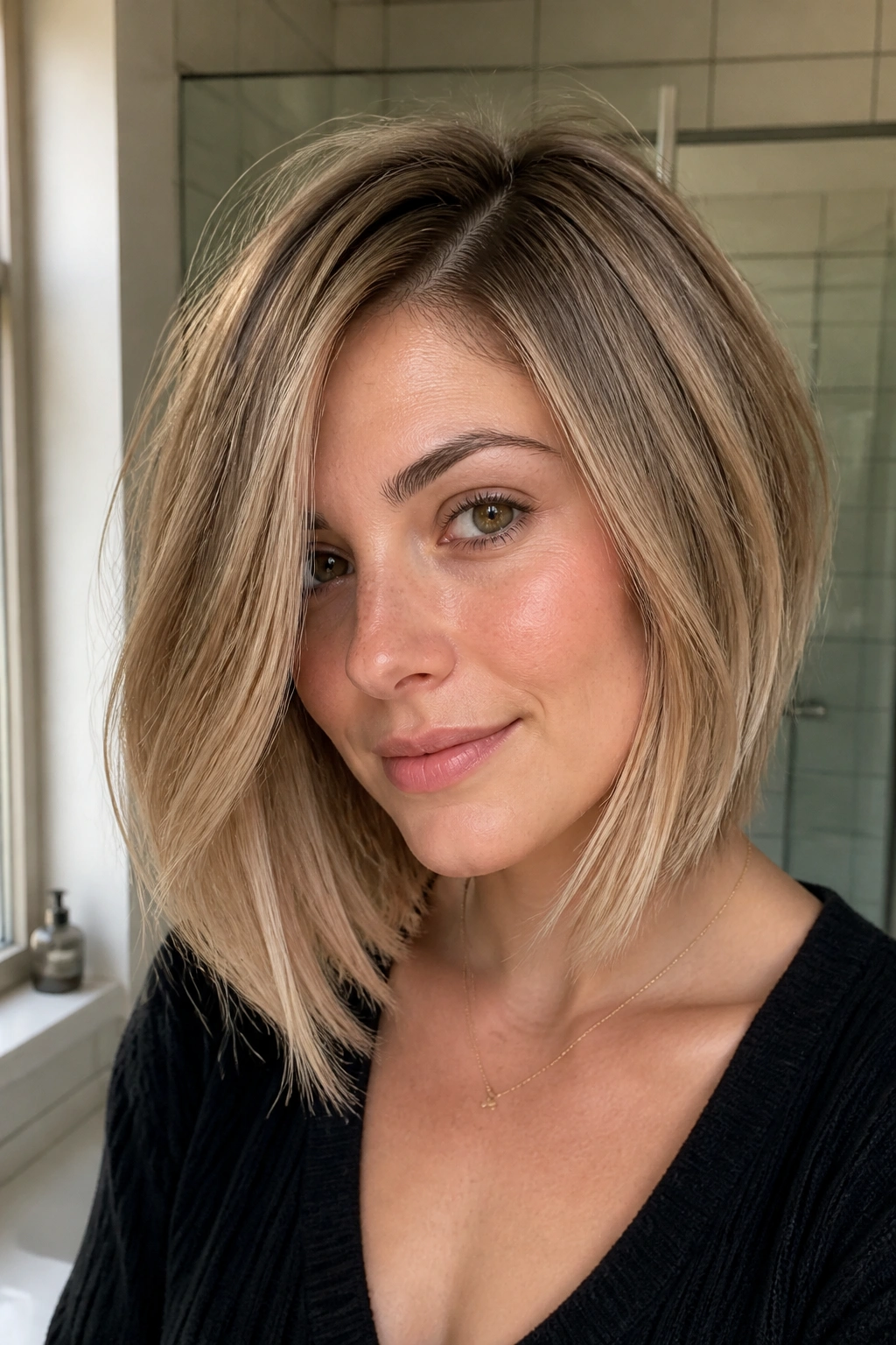 Close-up of a real woman with a feathered bob and soft layers under natural window light