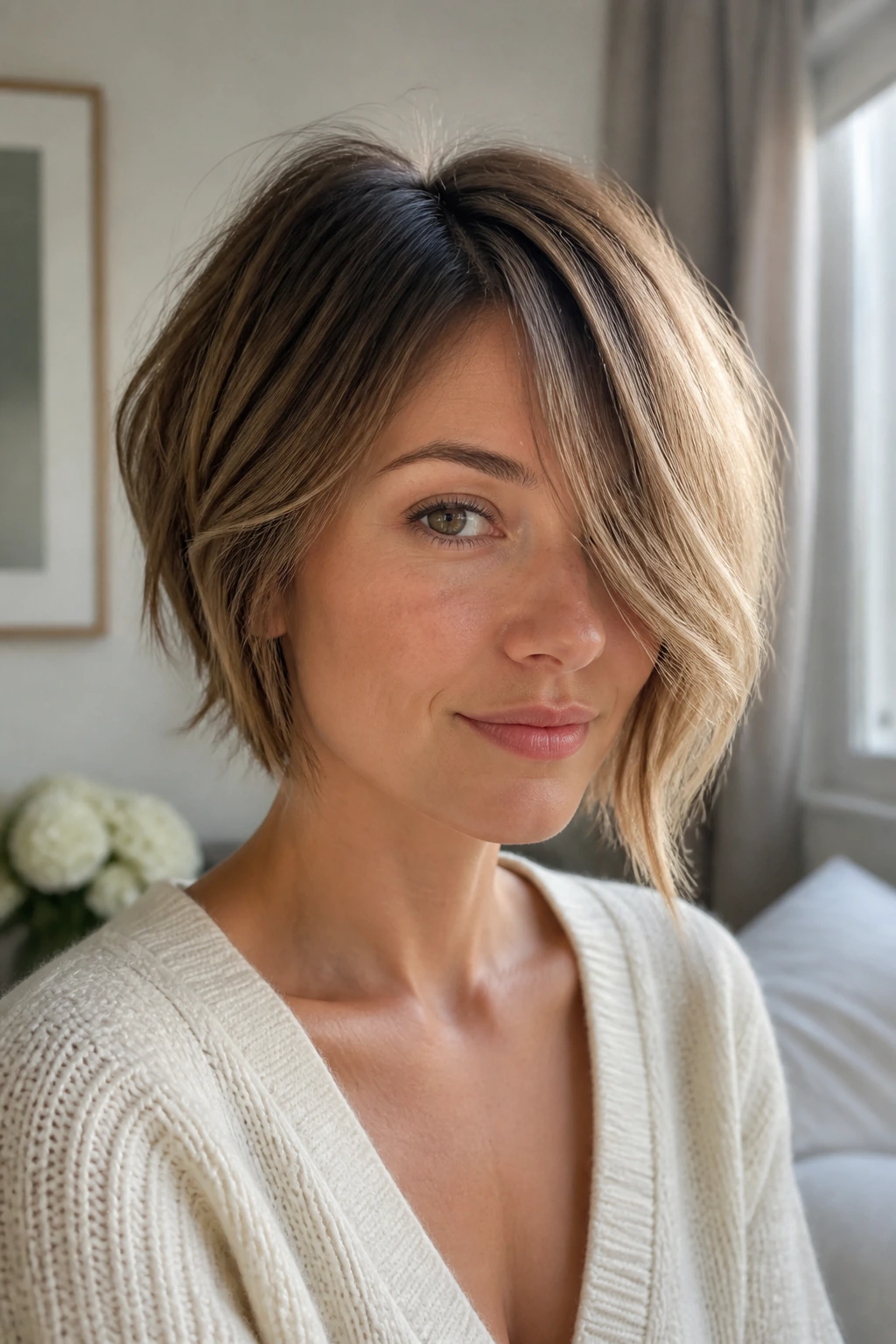 Real woman with feathered bob and long fringe sweeping softly to the side.