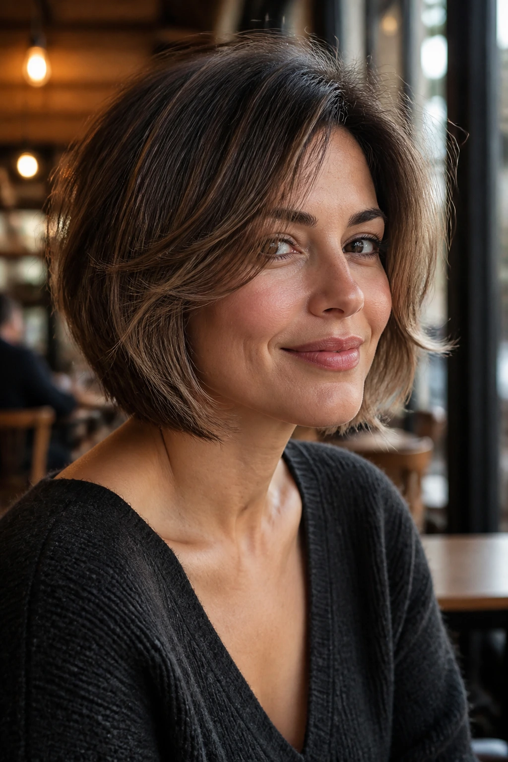 Real woman with feathered bob and face-framing sides