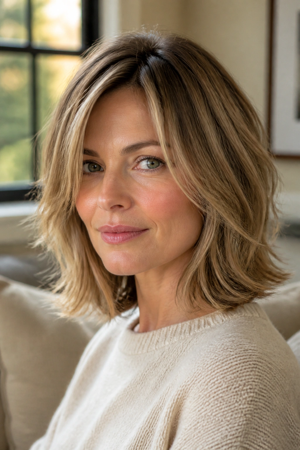 Close-up portrait of a real woman with a shoulder-skimming feathered bob in warm natural light