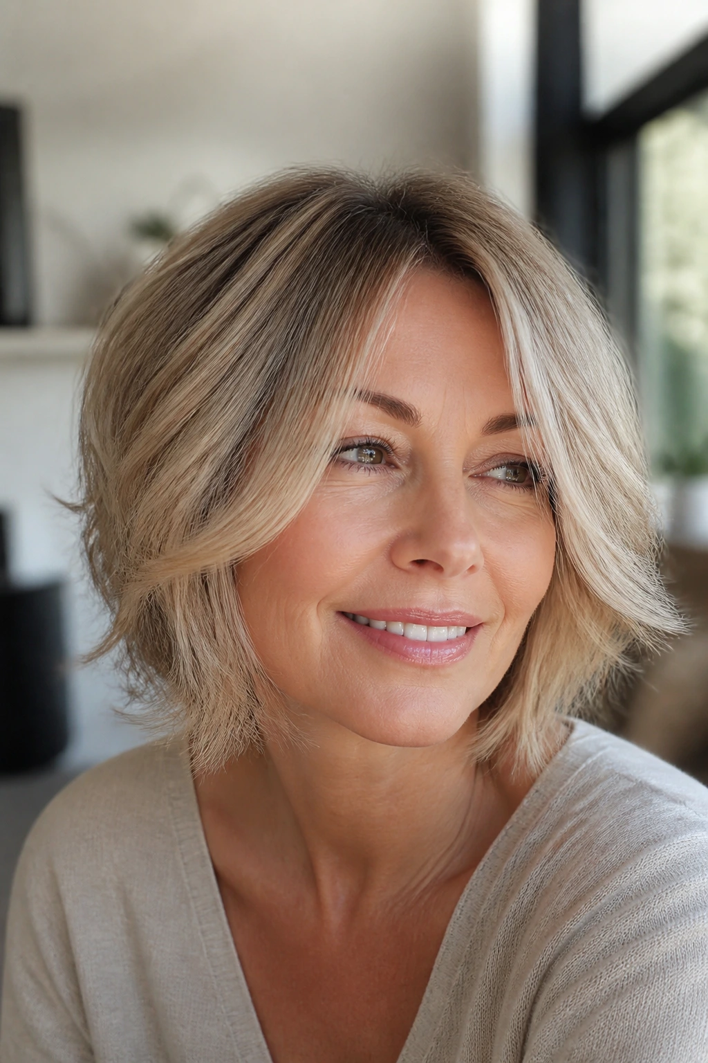 Portrait of a woman with a feathered bob in sandy blonde.
