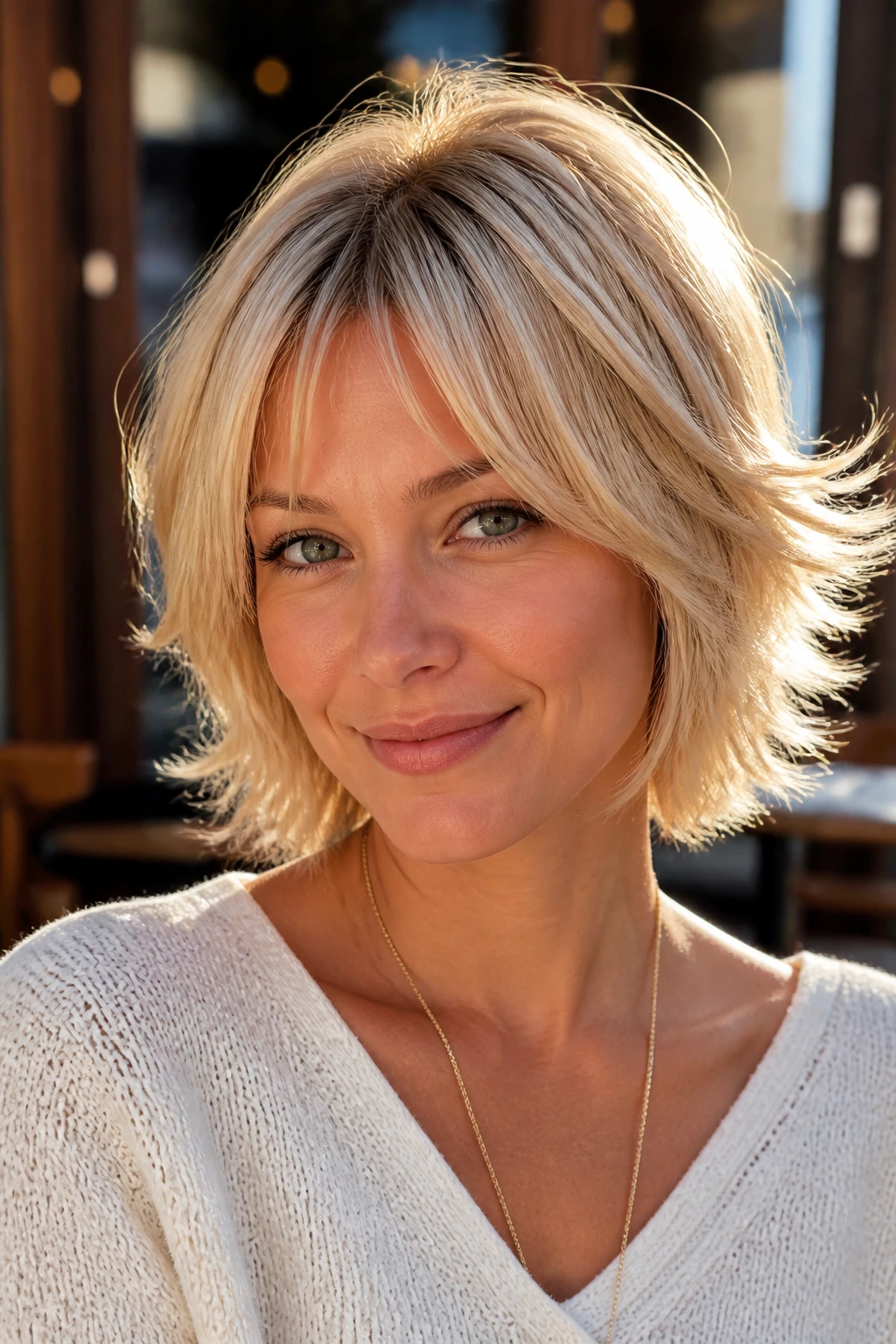 Feathered bob shag close-up portrait with flipped-out ends on a real woman.
