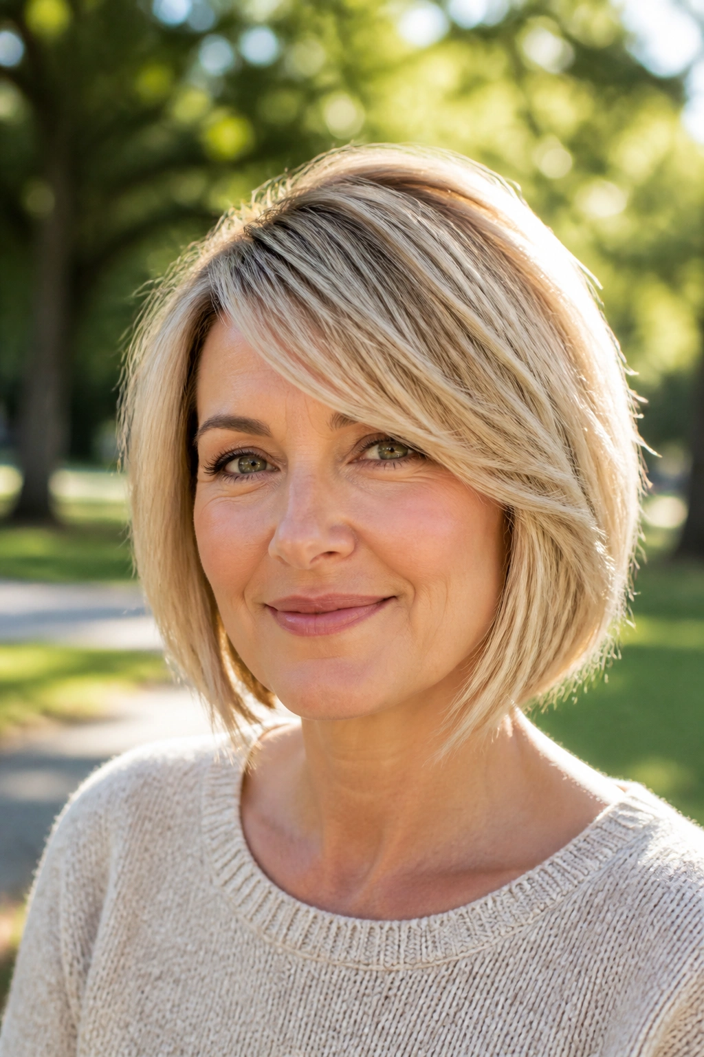 Close-up of a real woman with a feathered bob and side-swept fringe