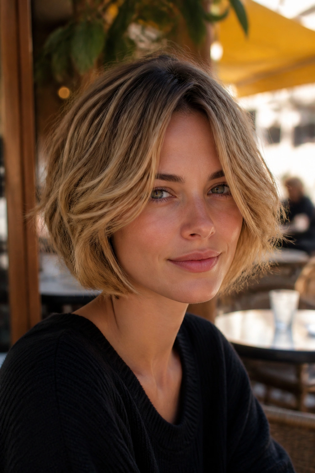 Real woman with tousled feathered bob and soft bends in warm outdoor light