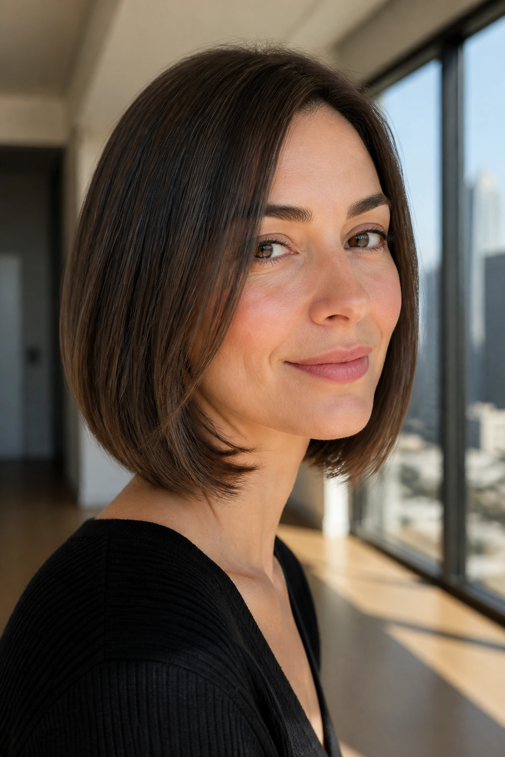 Real woman with feathered bob on straight hair, subtle bend at ends
