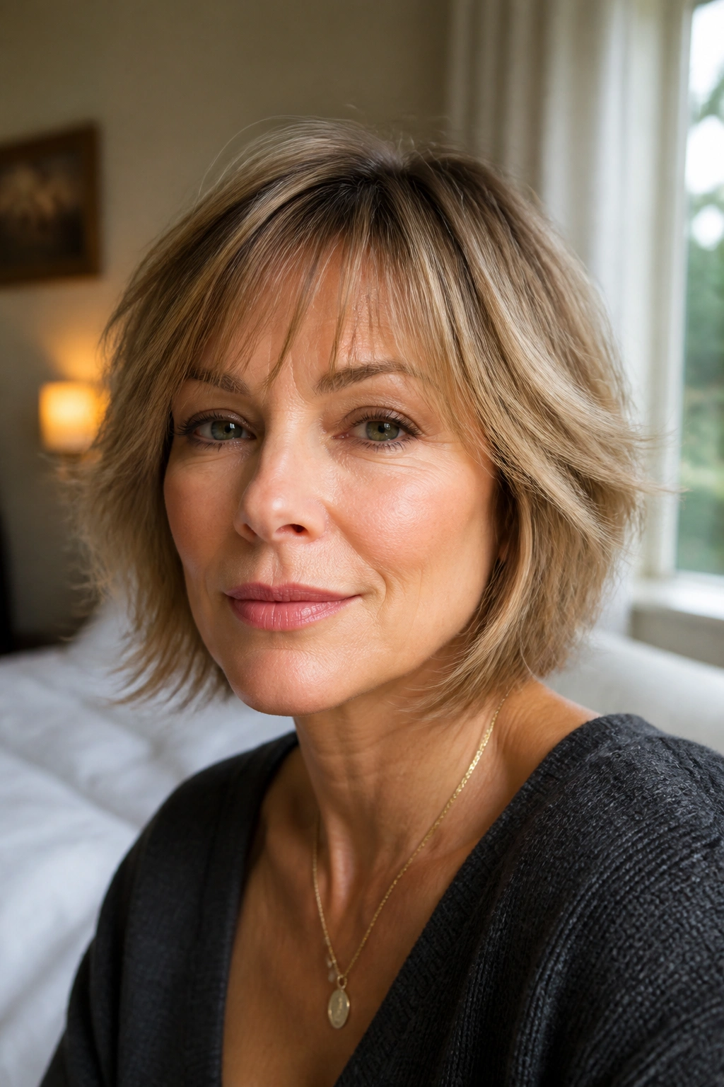 Close-up real-woman portrait with feathered bob and wispy bangs in soft daylight