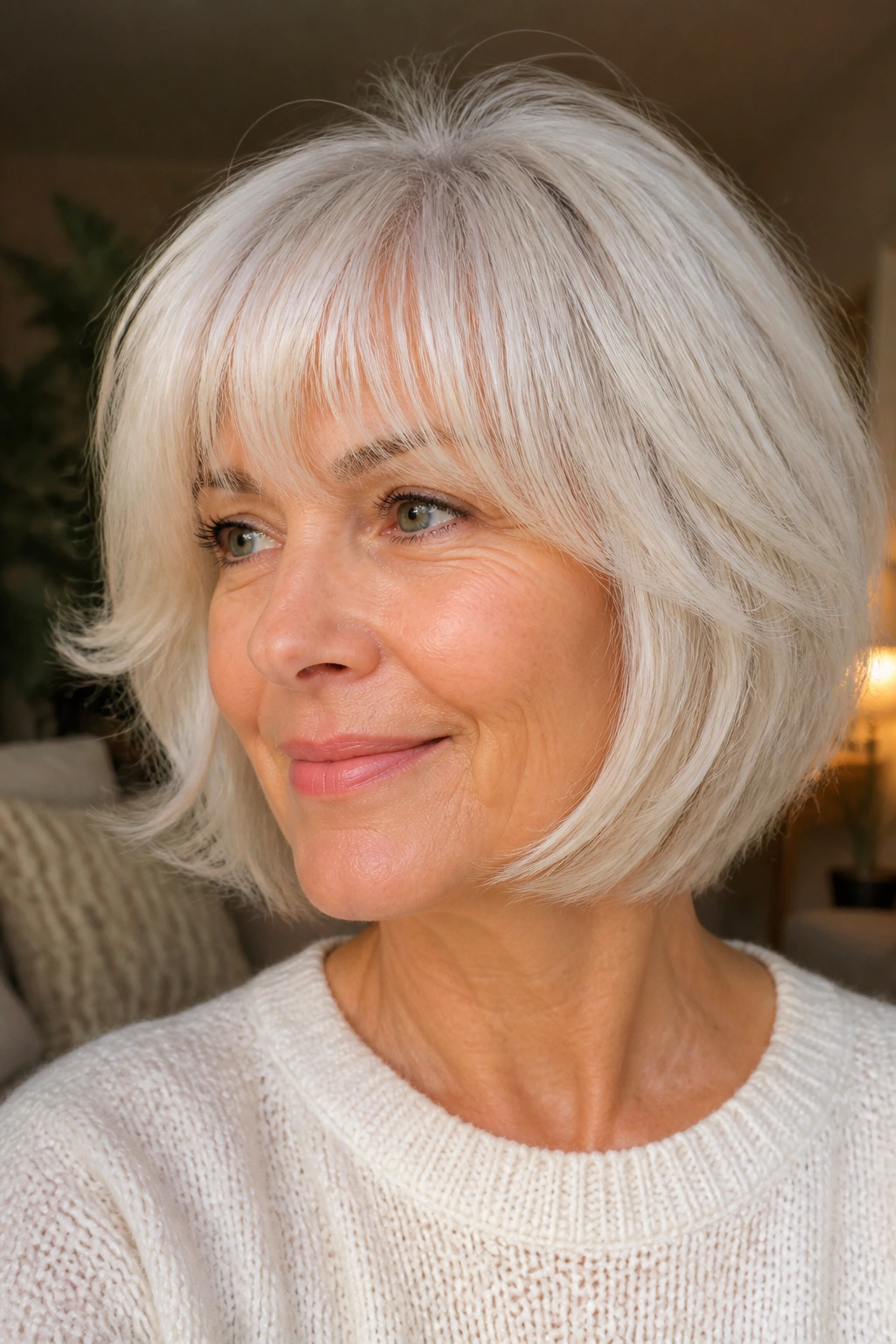 Close-up of a real woman with a feathered bob and wispy fringe