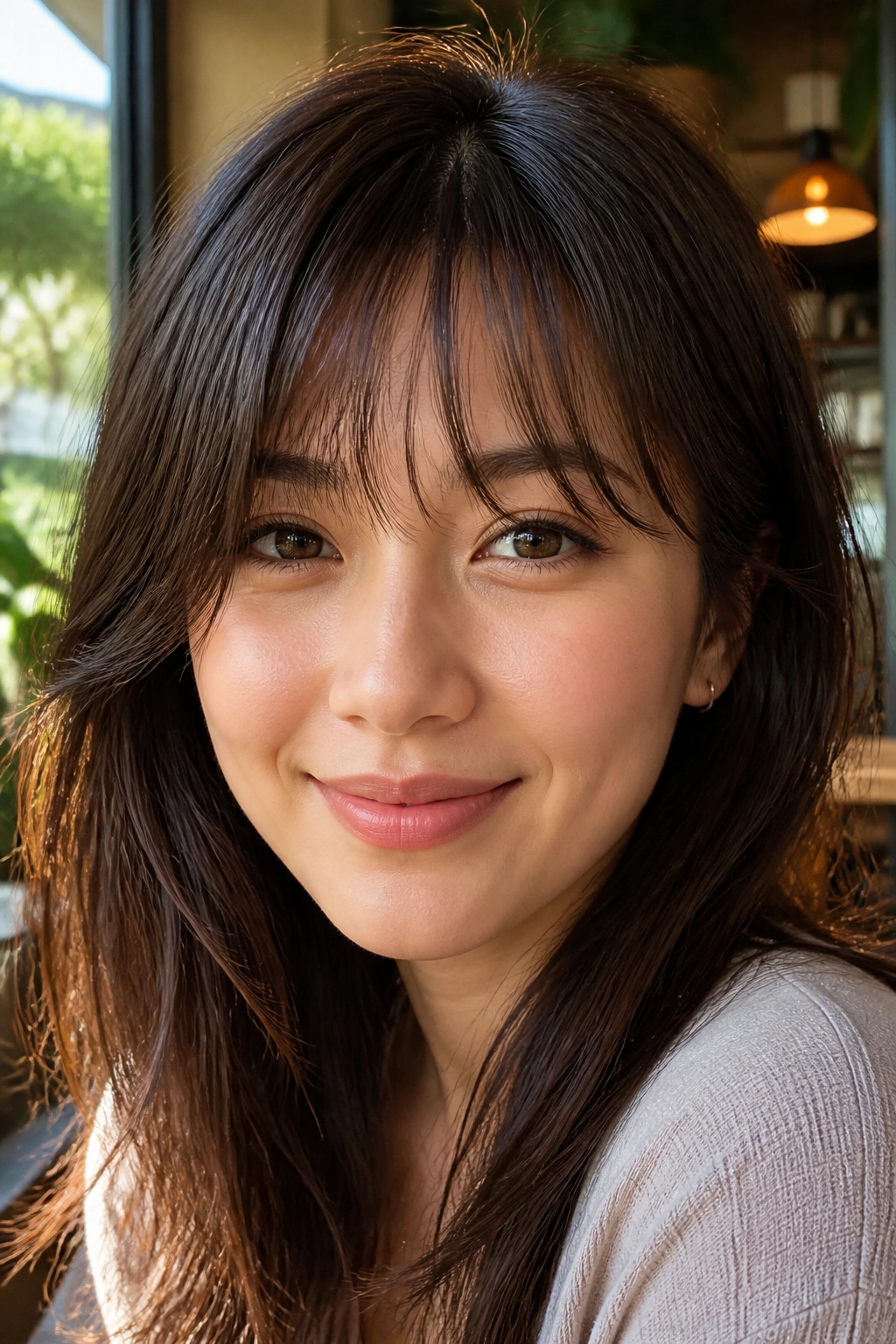 Close-up portrait of a real woman with feathered brow-grazing half bangs