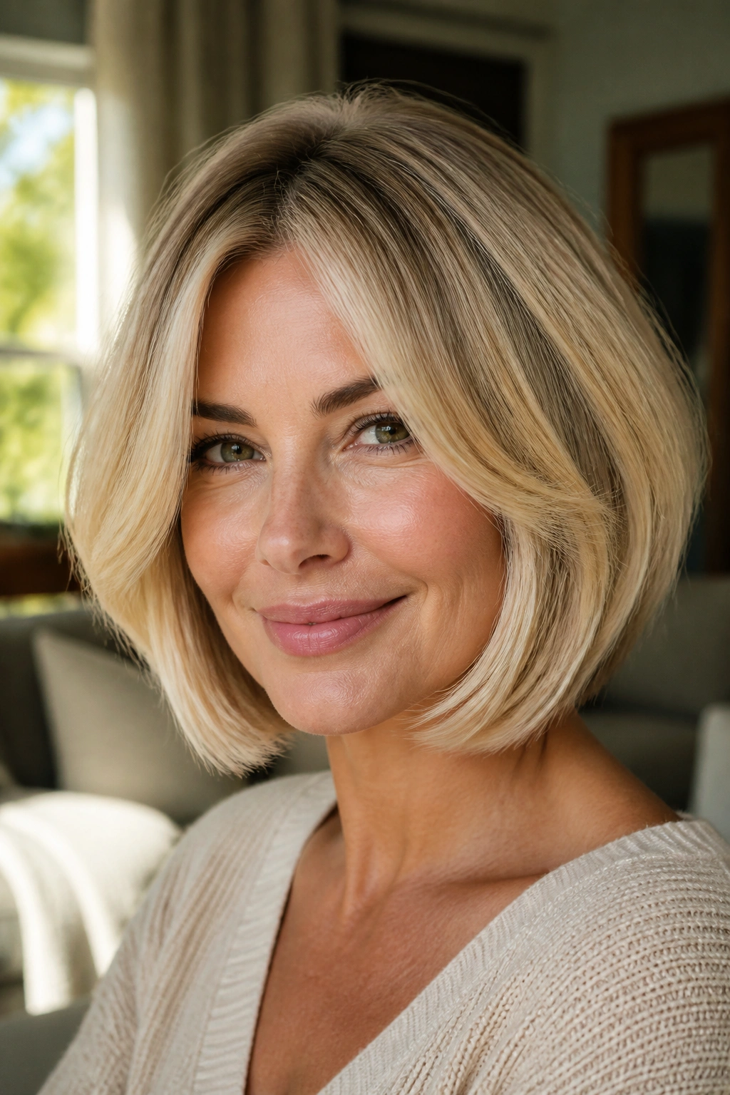 Close-up of a woman with a feathered butter blond bob softly framing her cheeks in warm window light