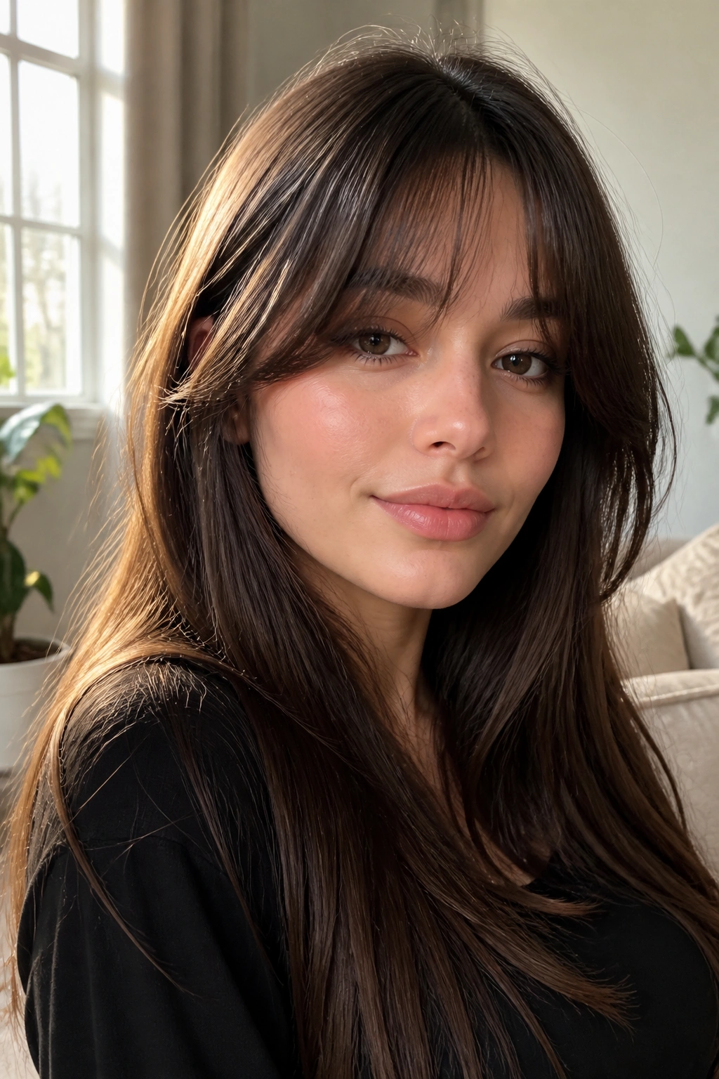 Close-up portrait of a real woman with long straight hair and feathered center fringe in natural light