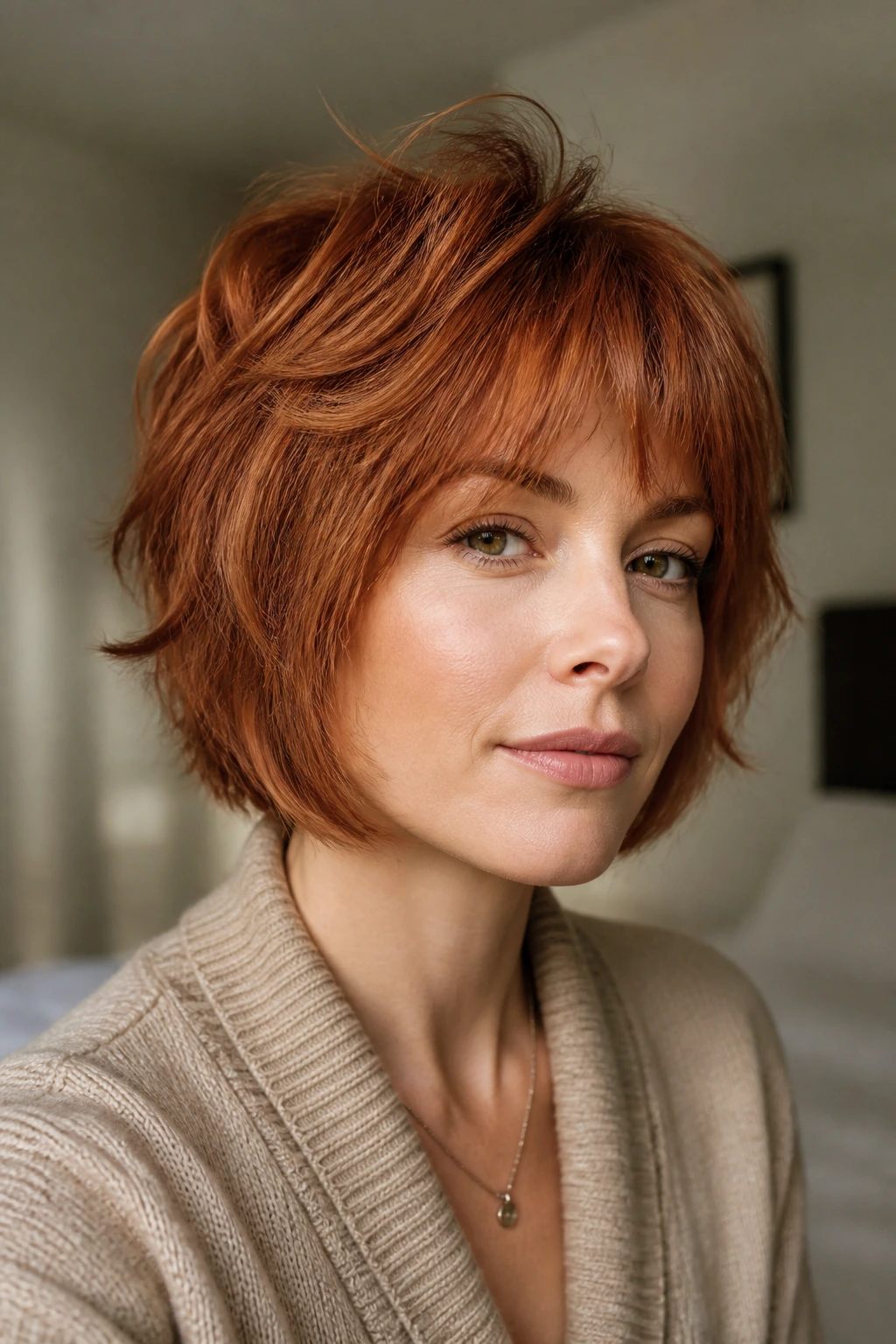Close-up portrait of real woman with feathered chin-length auburn shag in copper tones