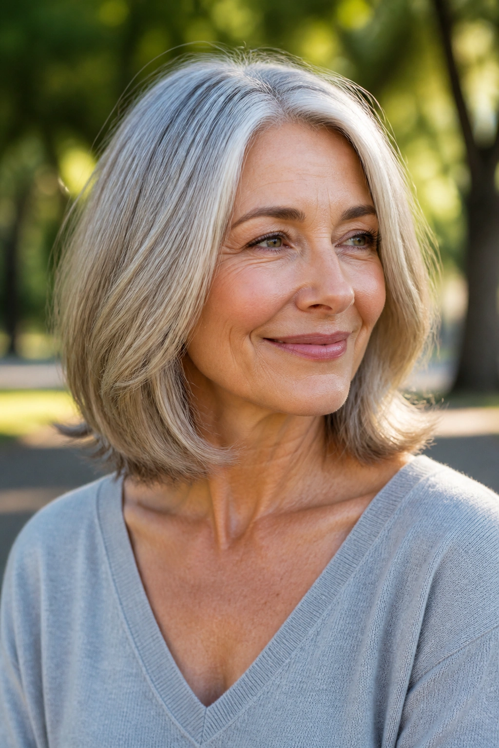 Three-quarter view of a woman with a feathered collarbone gray bob