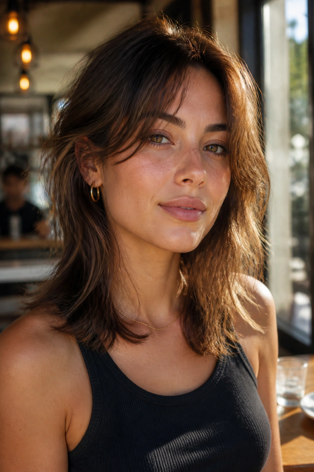 Portrait of a real woman with feathered collarbone-length shag in warm daylight