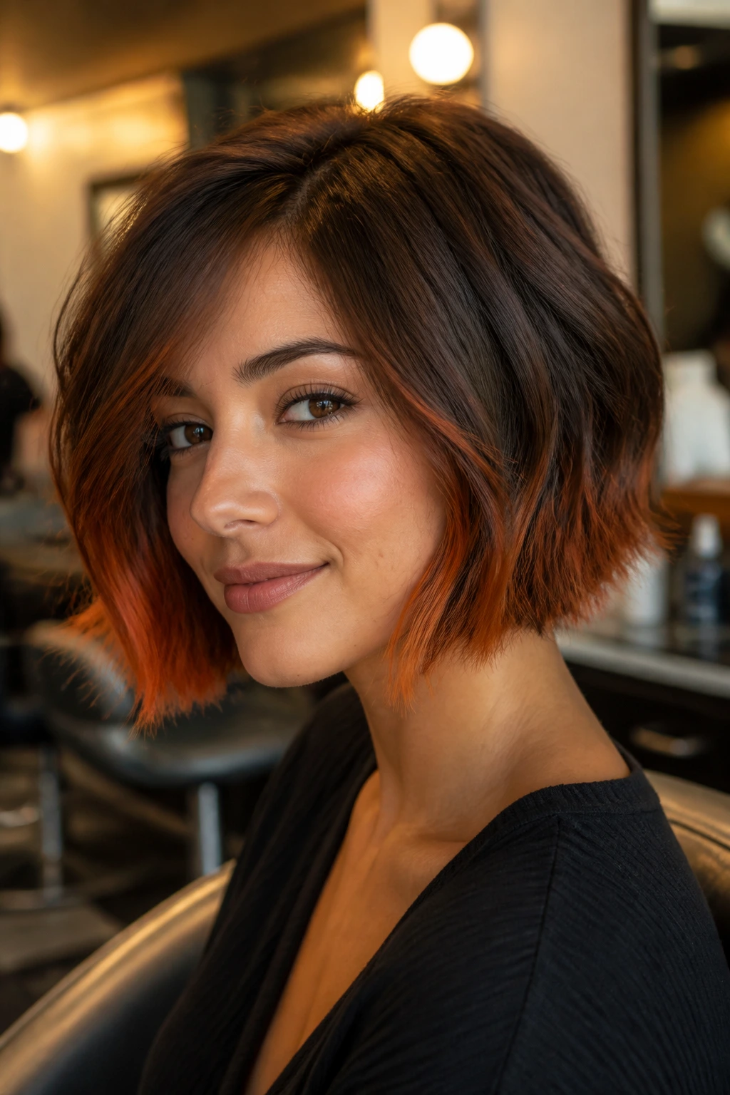 Close-up of short bob with feathered copper tips on a real person