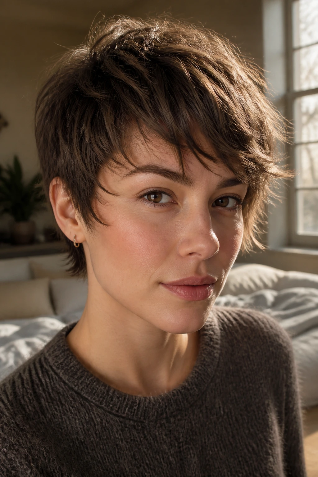 Close-up of a real woman with Feathered Crop With Airy Ends haircut