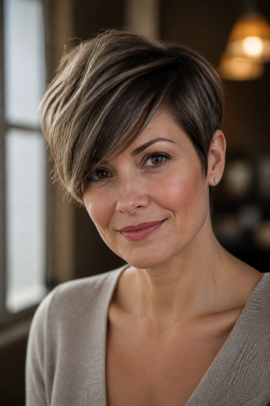 Close-up portrait of a real woman with feathered crop and diagonal part
