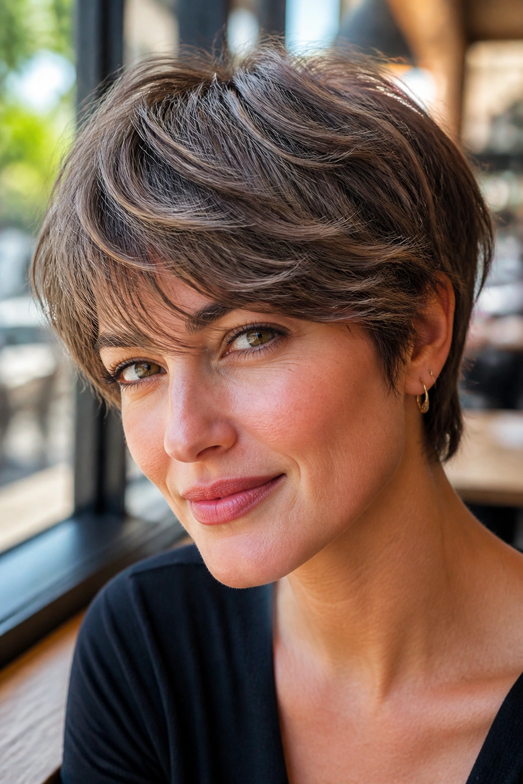 Close-up of a woman with a feathered crop and side-swept fringe.