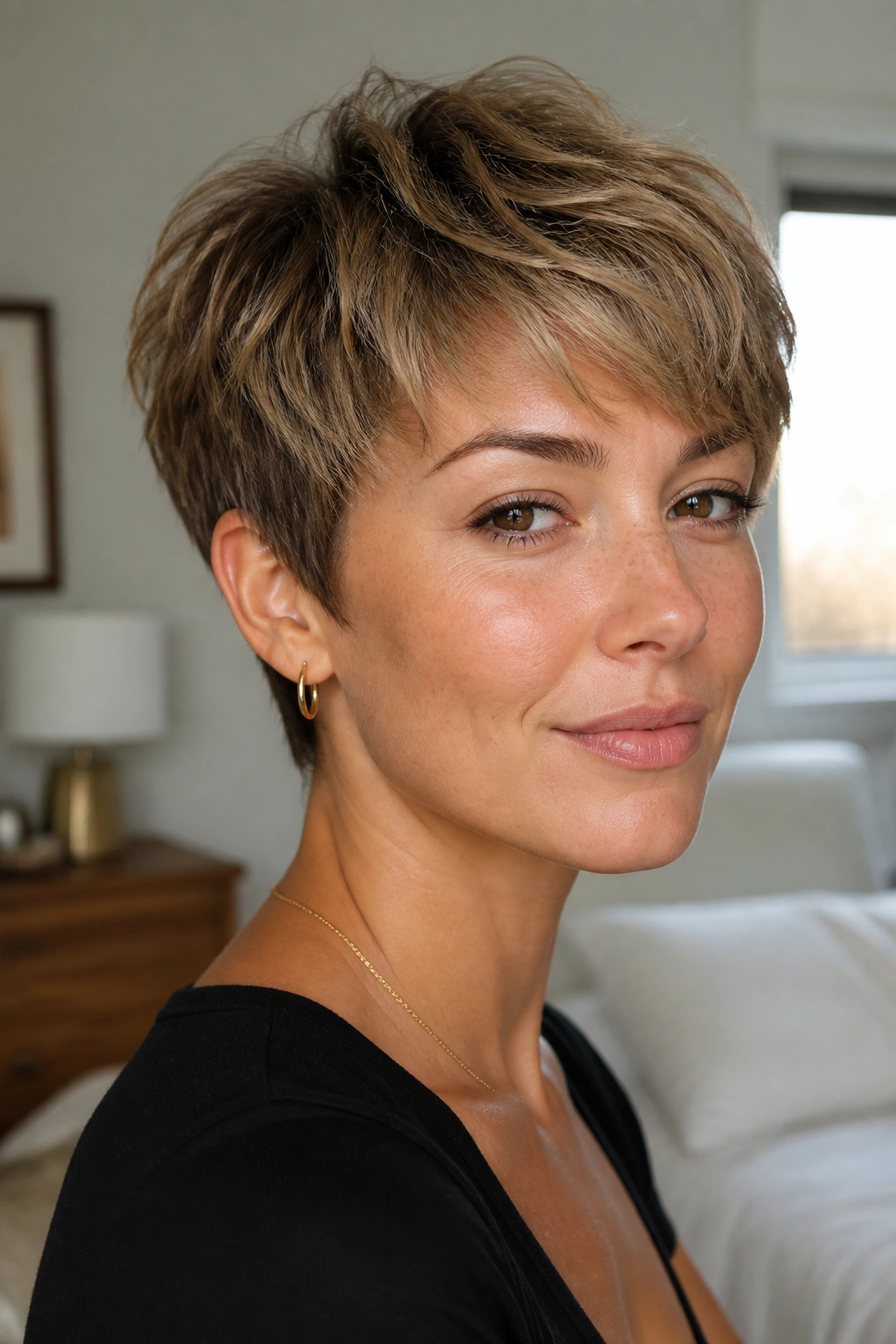 Close-up of a real woman with feathered crop showing airy top and soft edges