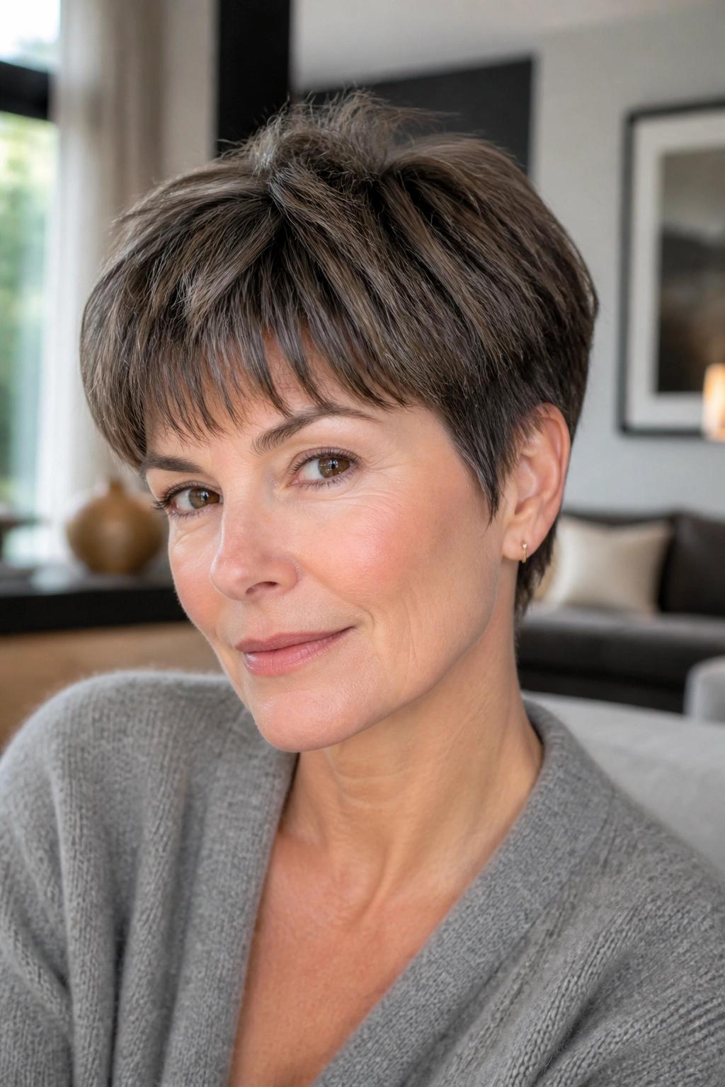 Close-up of a real woman with feathered crop in a cozy living room