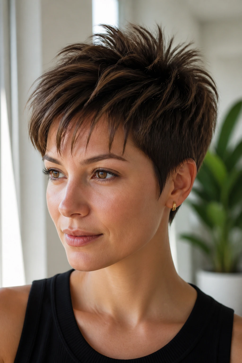 Real person with feathered crop and lifted crown in bright home setting