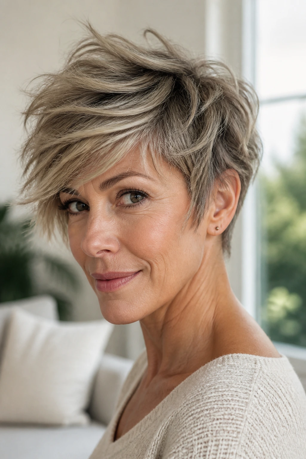 Real person with feathered crop and long top in warm window light.