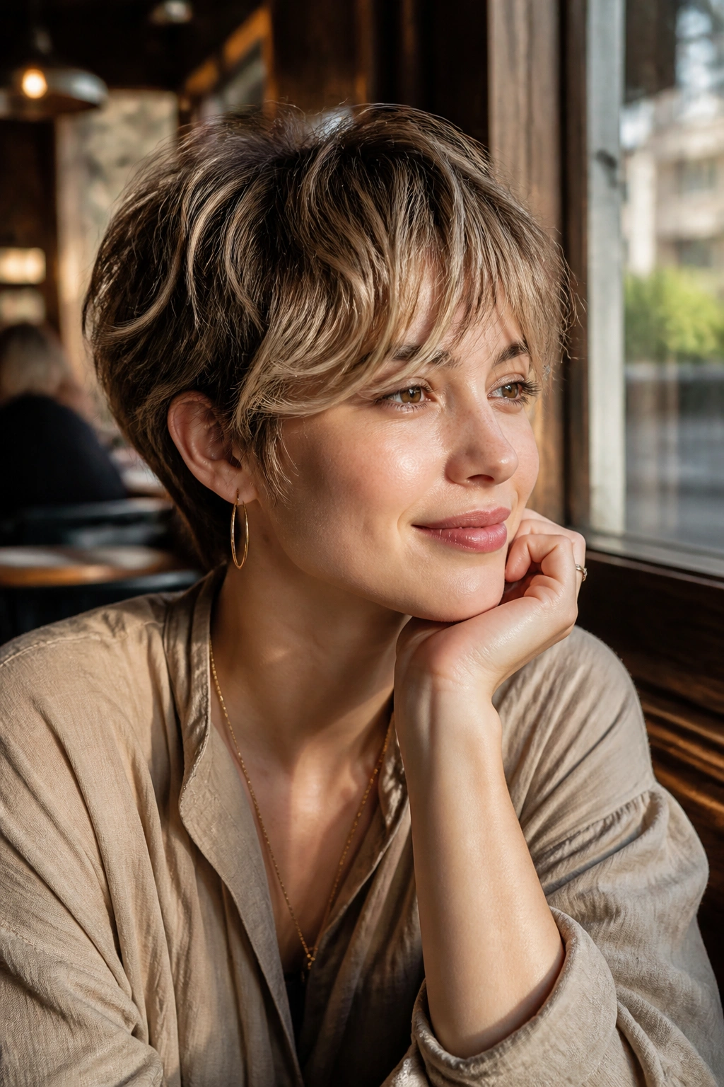 Portrait of a person with a feathered crop and soft movement in daylight