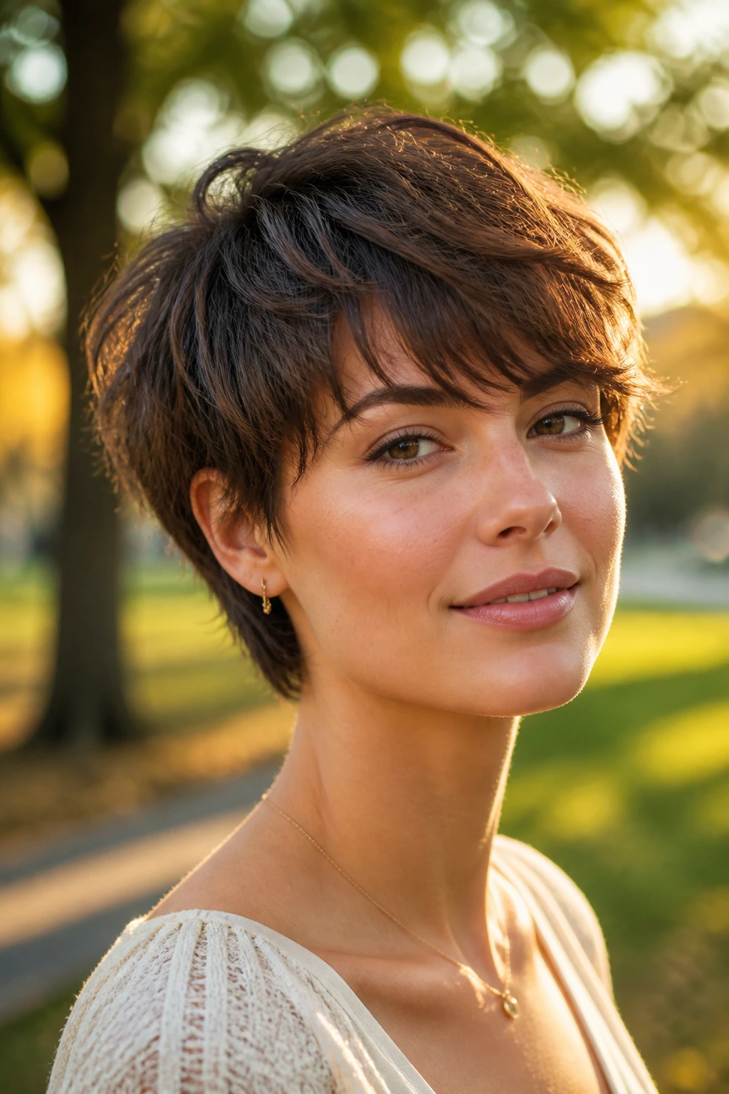 Close-up portrait of a woman with a feathered crop in outdoor park light