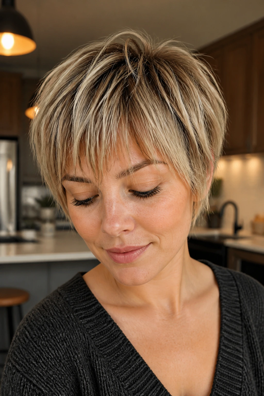 Portrait of a real woman with a feathered crop and piecey bangs in a kitchen