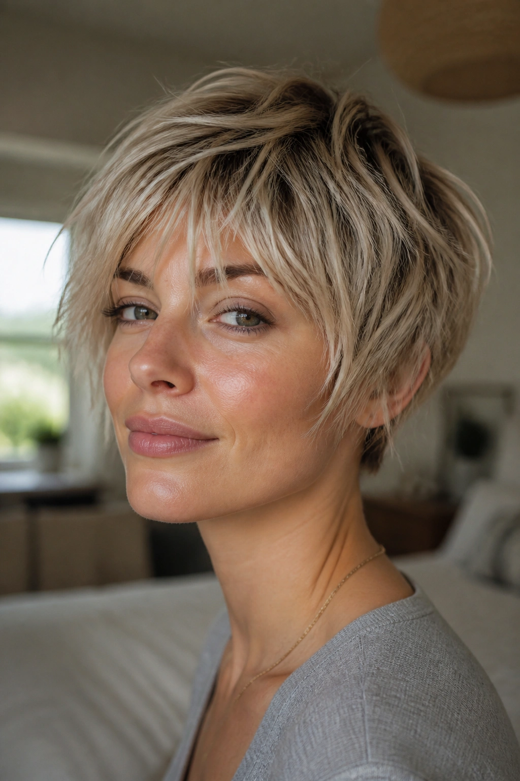 Real woman with feathered crop and piecey ends under warm window light.